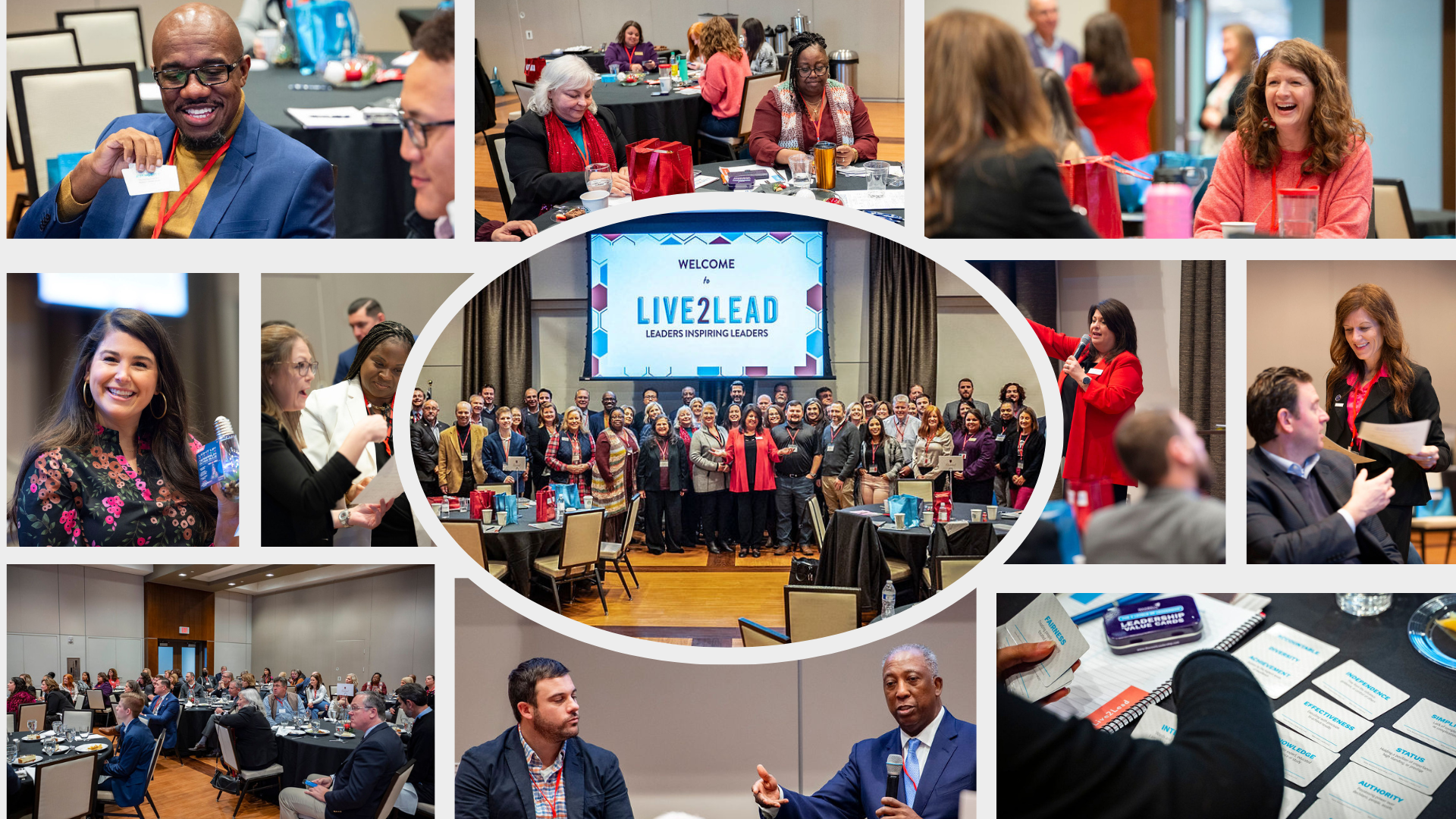 Collage of photos from Live2Lead 2023 in Anderson, featuring speakers, attendees, group activities, and presentations.