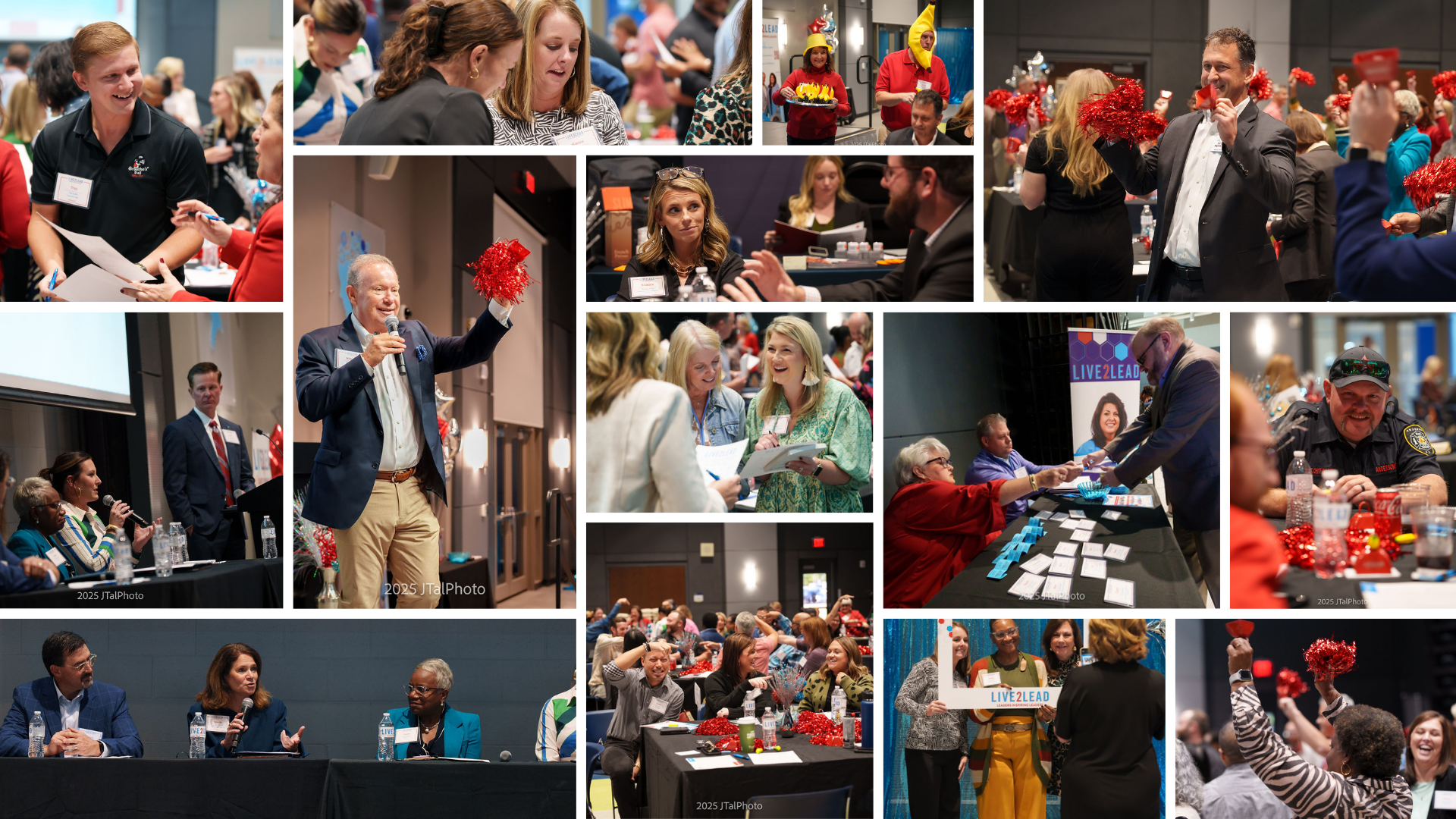  Collage of photos from Live2Lead 2025 in Anderson, featuring speakers, attendees, group activities, and presentations.