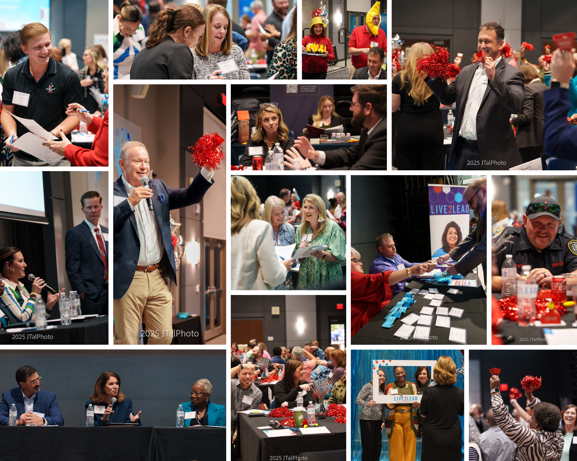 A collage of photos from an indoor conference or event with people participating in discussions, presentations, and activities. Attendees are seen engaging in conversations, taking notes, and listening to speakers, with some wearing name tags. Colorful decorations and booths are also visible.