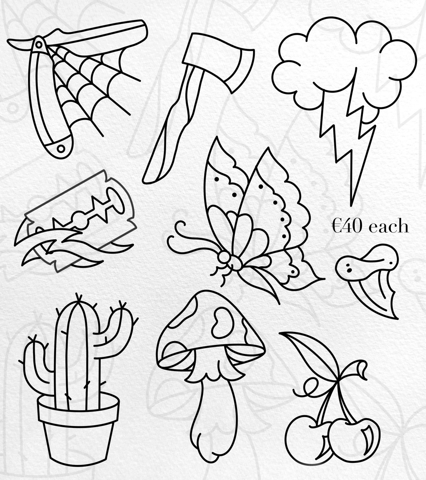 Apprentice Flash from @cruellarogue 🕸️
All prices are on the flash sheets, arms and legs only, repeatable, +18, get them while they&rsquo;re hot!! 🔥 

To book: Dm @cruellarogue / @chasingghostscork 
.
.
.
#tattooapprentice #tattooartist #tattoo #tr