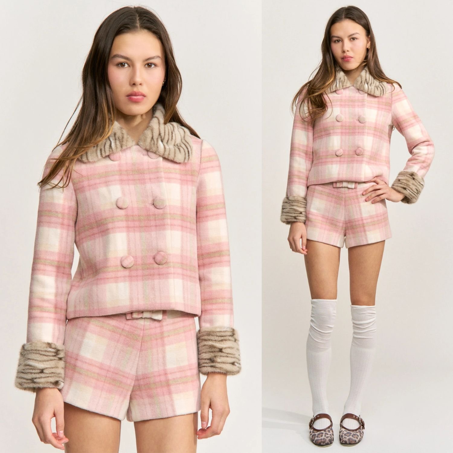 Jacquie The Label Kemper Pink Plaid Faux Fur Trim Double Breasted Wool Blend Cropped Jacket