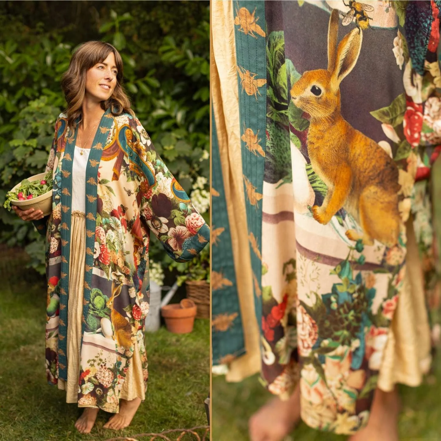 Market Of Stars Stay Gold Floral Rabbit Opera Duster Full Length Kimono Robe