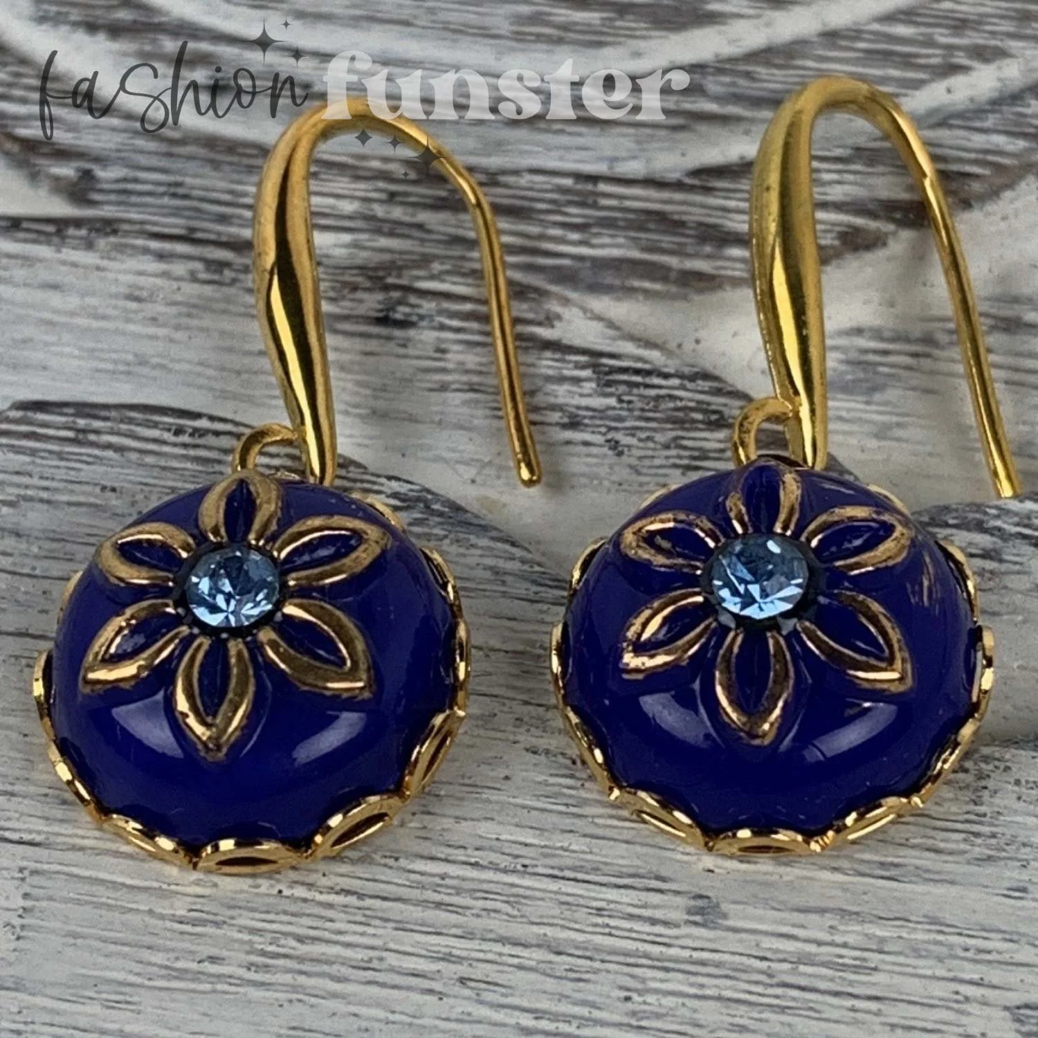 Top View Handmade Vintage Blue Flower Floral Starflower Gold Earrings