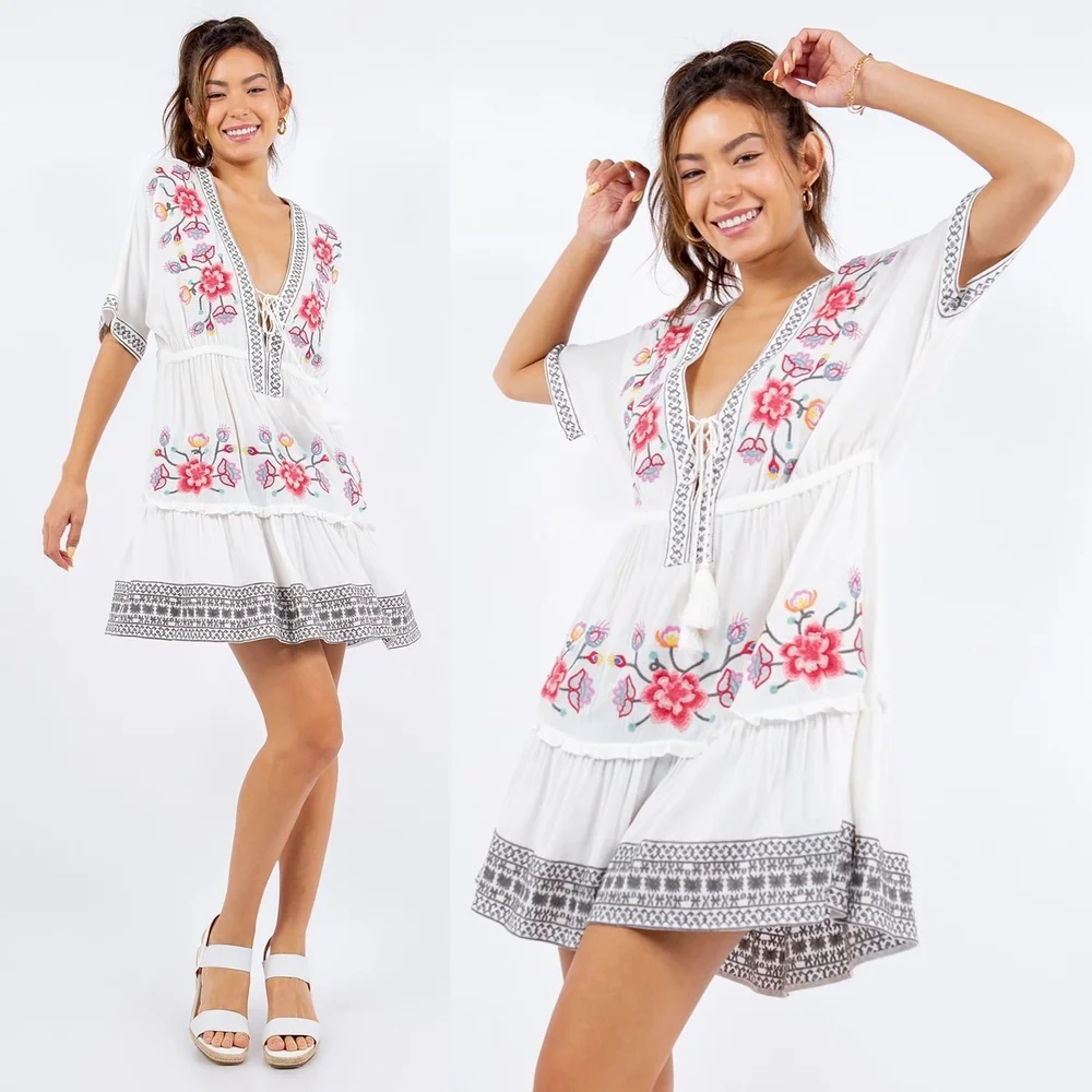 Paparazzi By Biz Santorini Embroidered Floral Cover-Up Mini Tunic Dress Fashion Funster Paparazzi By Biz Santorini Embroidered Floral Cover-Up Mini Tunic Dress Fashion Funster