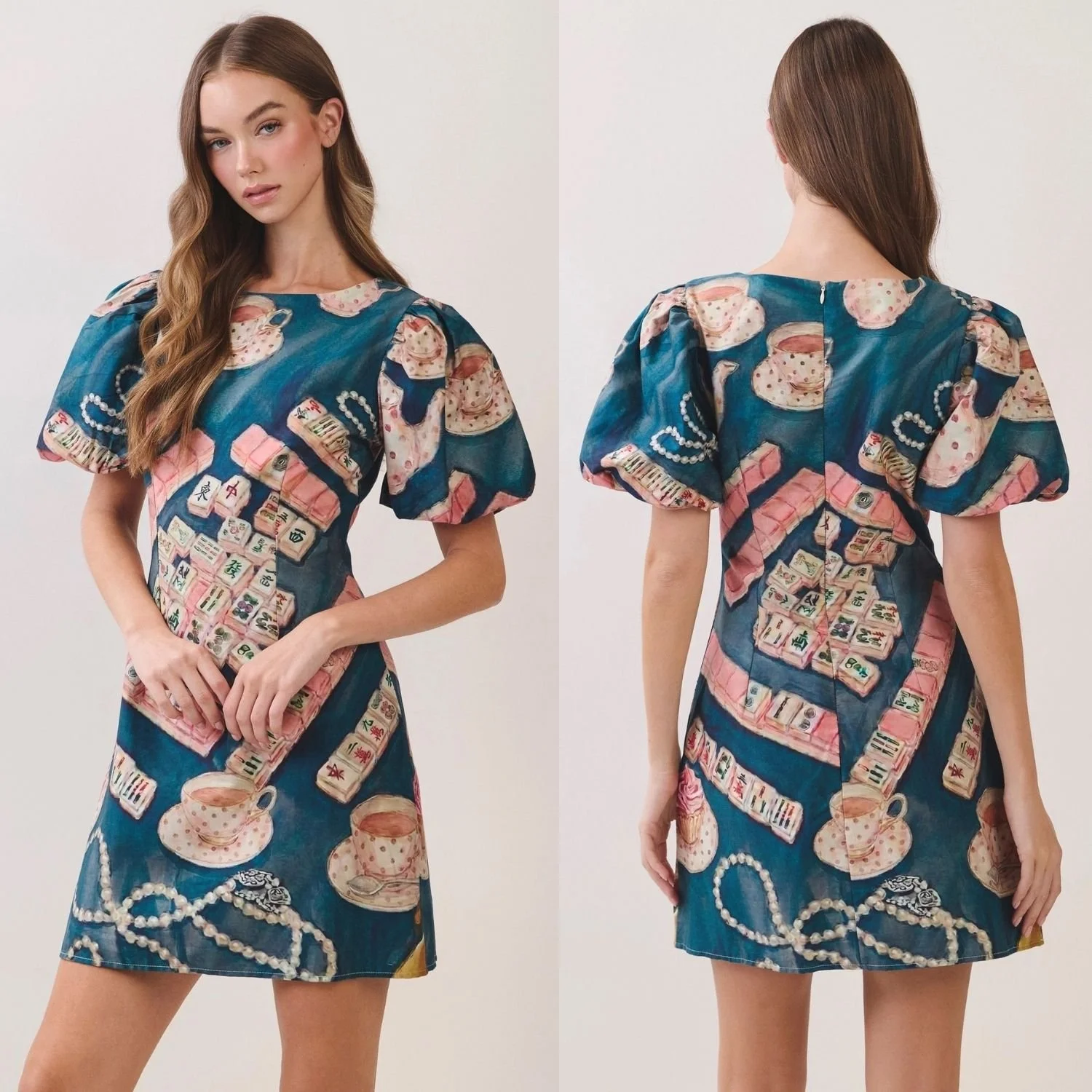 Mahjong Print Cotton Puff Sleeve Mini Dress Front And Back