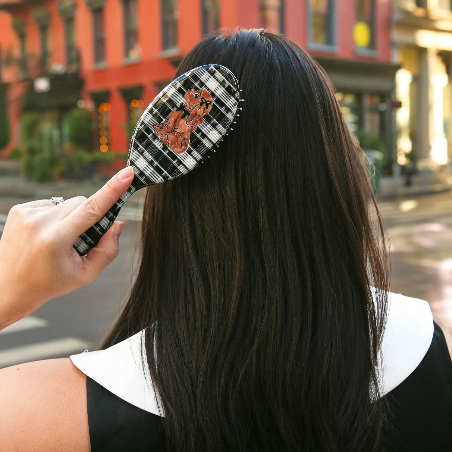 Solar Eclipse Hand Painted Coquette Bow Spaniel Puppy Dog Amazing Hair Day Eco Friendly Acetate Hair Brush Black And White Plaid