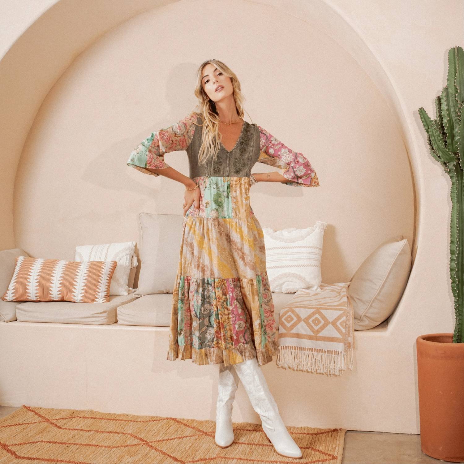 Young Threads Women's Bohemian Romantic Aari Embroidered Tiered Multicolor A-Line Patchwork Mixed Print Feminine Floral Midi Dress