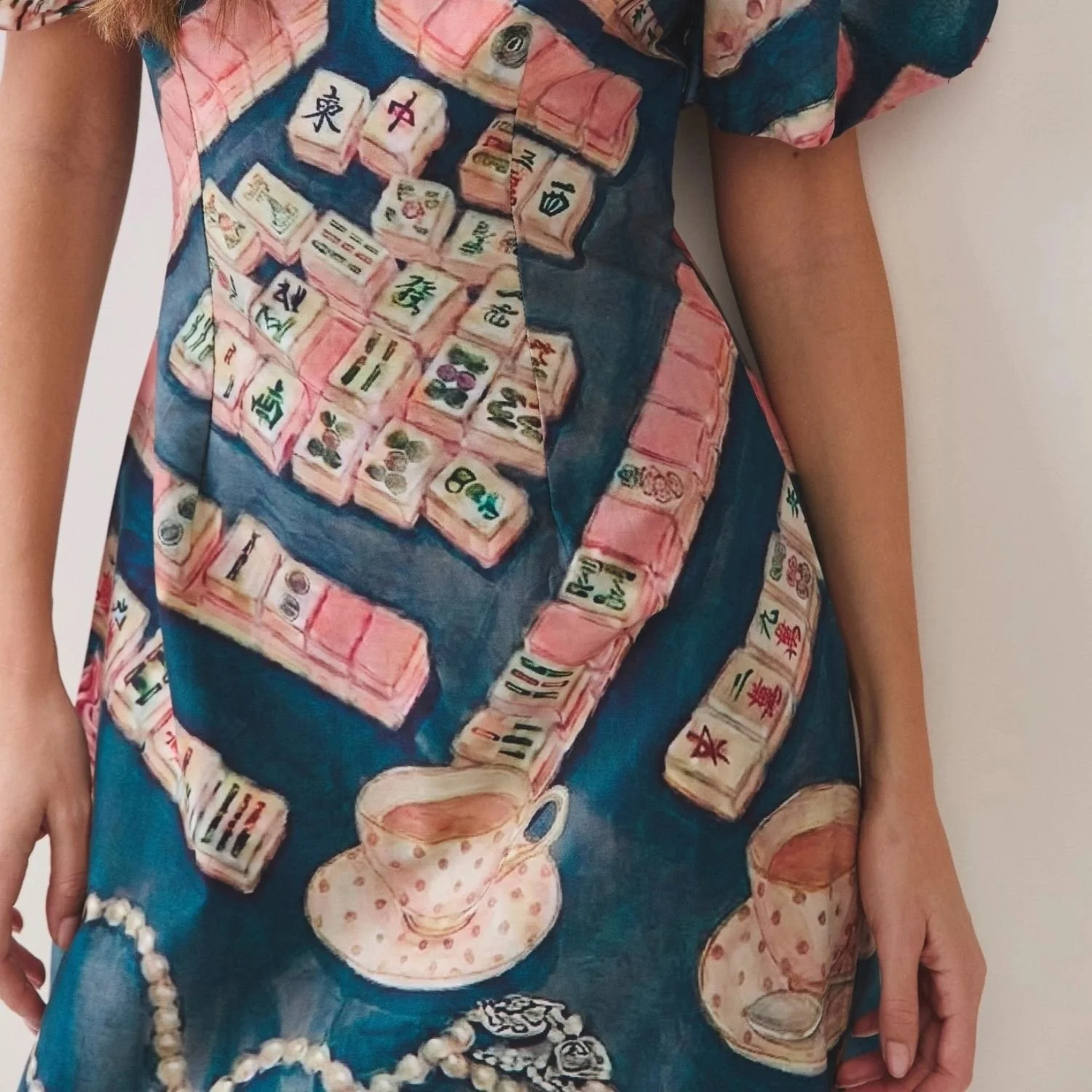 Mahjong Print Cotton Puff Sleeve Mini Dress Close Up Of Mahjong Novelty Print