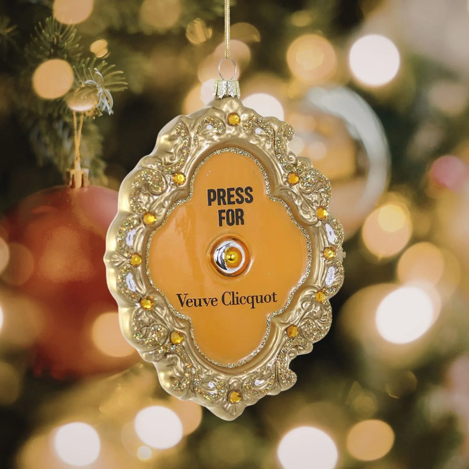 Cody Foster Glass Press For French Champagne Holiday Ornament Hanging On Christmas Tree