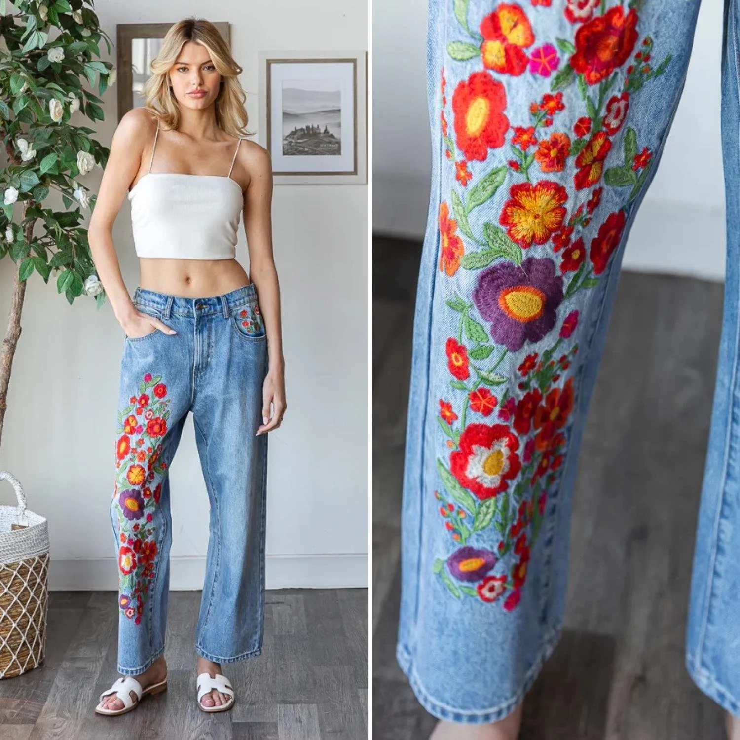 Oli And Hali Red Orange Purple Floral Embroidered Straight Wide Leg Denim Boyfriend Jean Jeans Pants