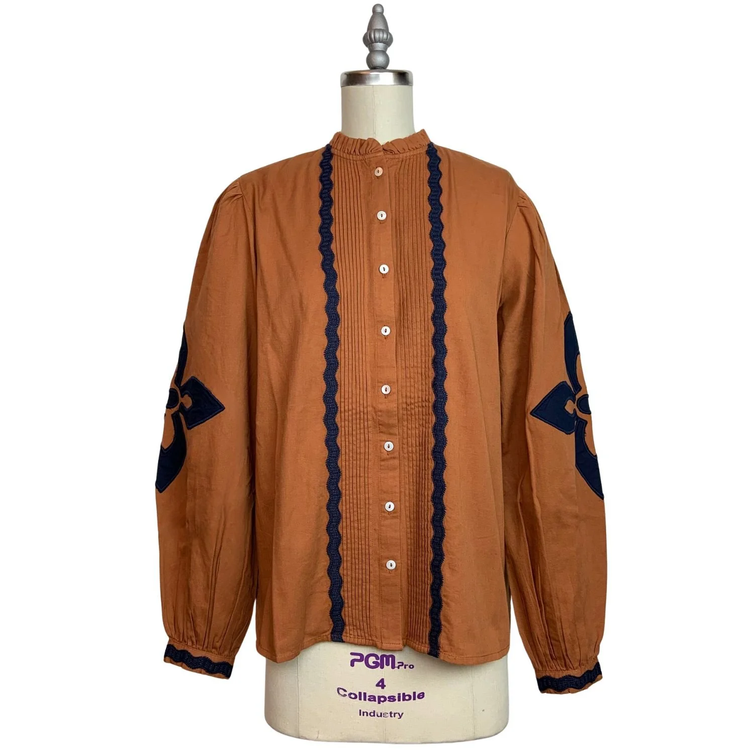 Sonmer Leonor Blouse Top In Golden Brown Caramel With Navy Floral Appliqués And Embroidered Ric Rac Motifs