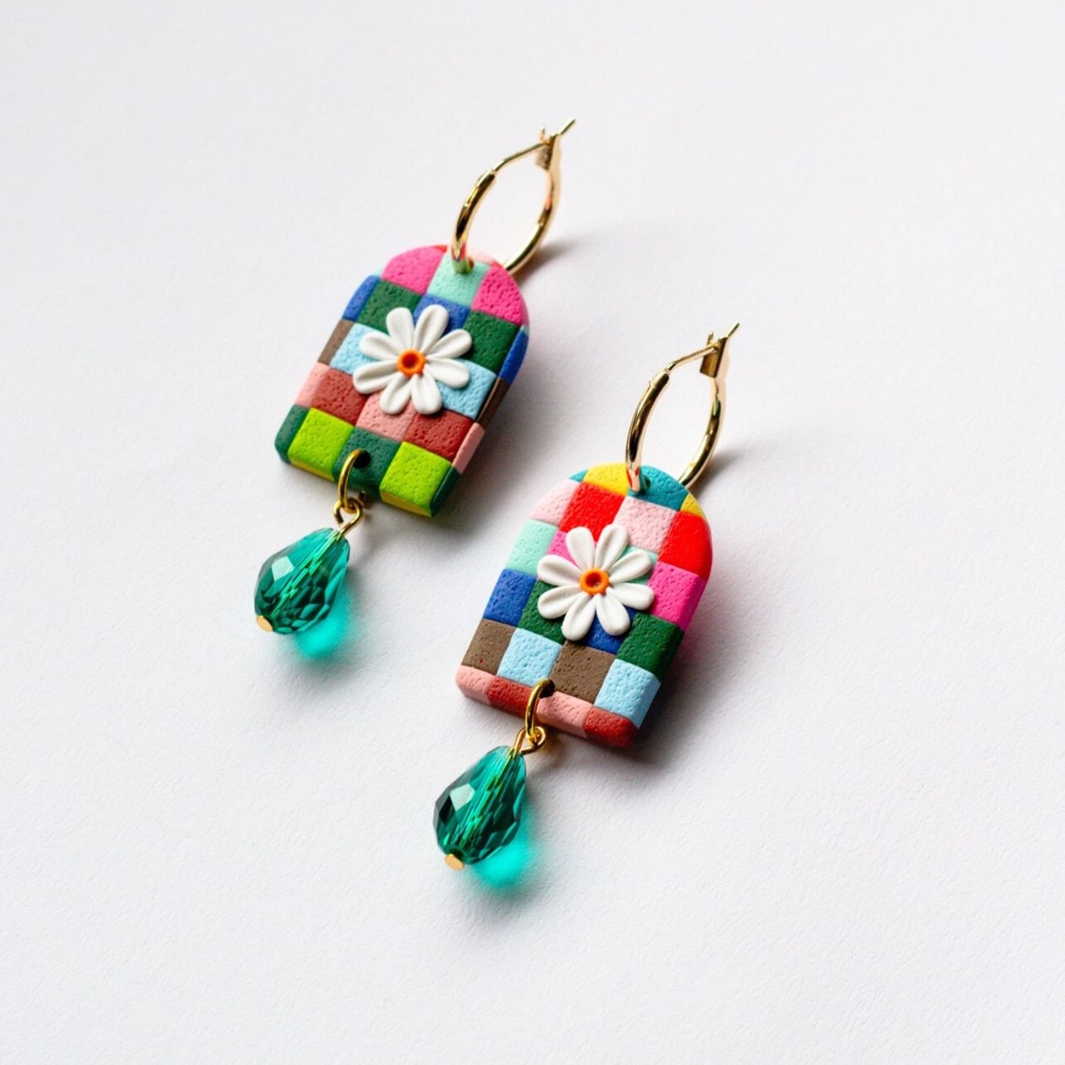 Slow Day Studios Colorful Polymer Clay Rainbow Check Checkerboard Checkered Daisy Teardrop Dangle Drop Charm Hoop Jewelry Earrings Hoops