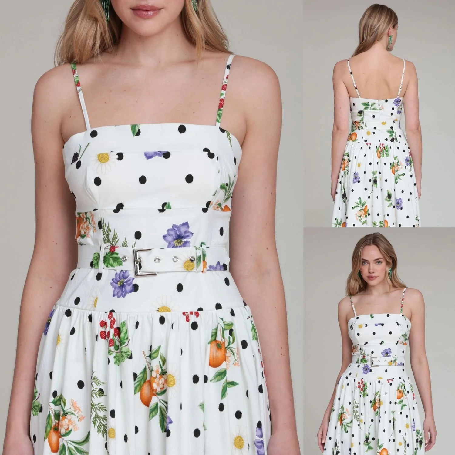 Avec Les Filles Fit And Flare Floral Polka Dot Print Stretch Cotton Belted Midi Dress