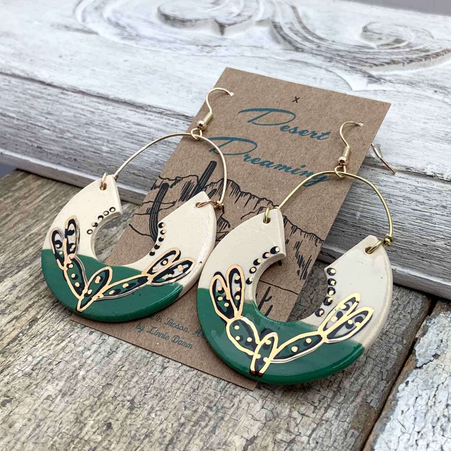 Tough Kitty Designs Hand Painted Ceramic Green Gold Southwest Prickly Pear Desert Cactus Art Painting Statement Plant Jewelry Earrings