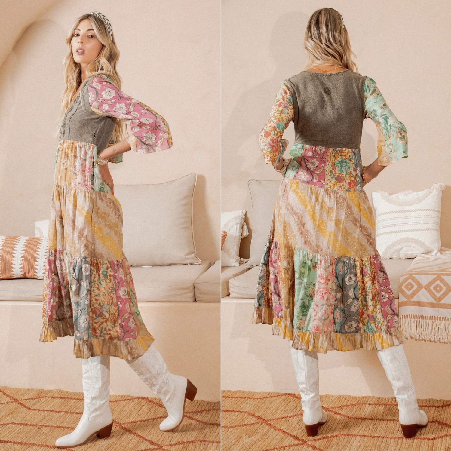 Young Threads Women's Bohemian Embroidered Tiered Multicolor Mixed Print A-Line Patchwork Floral Three Quarter Sleeve Midi Dress