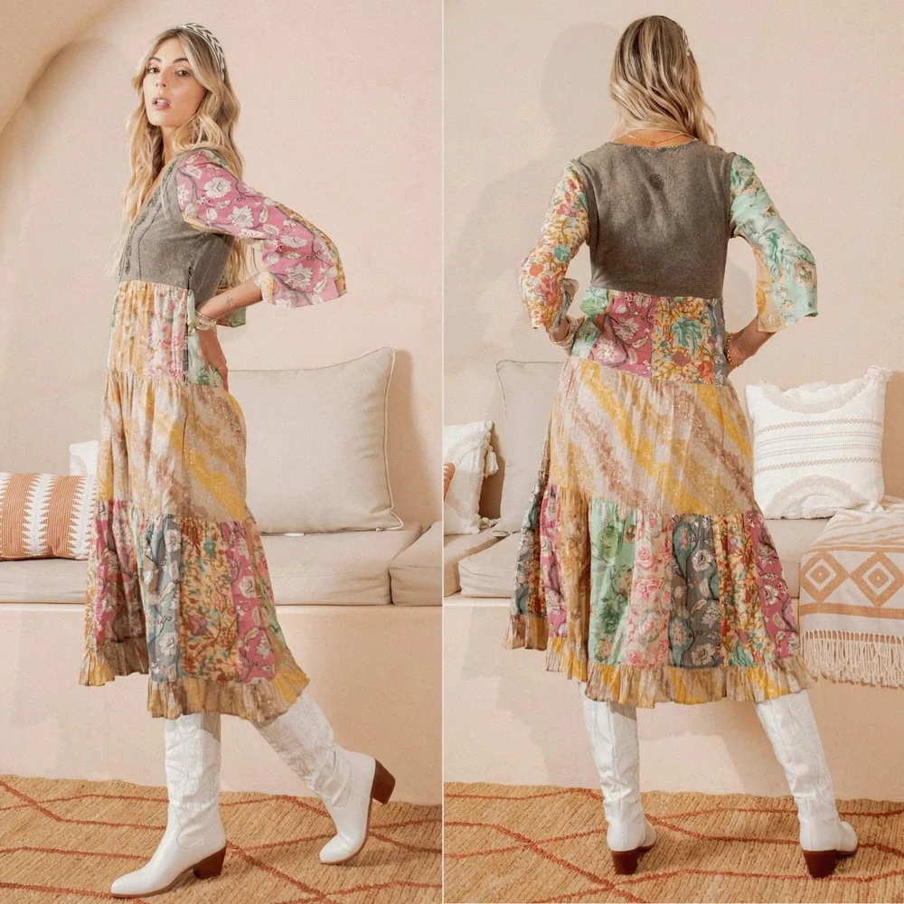 Young Threads Embroidered Patchwork Floral Midi Dress  Fashion Funster