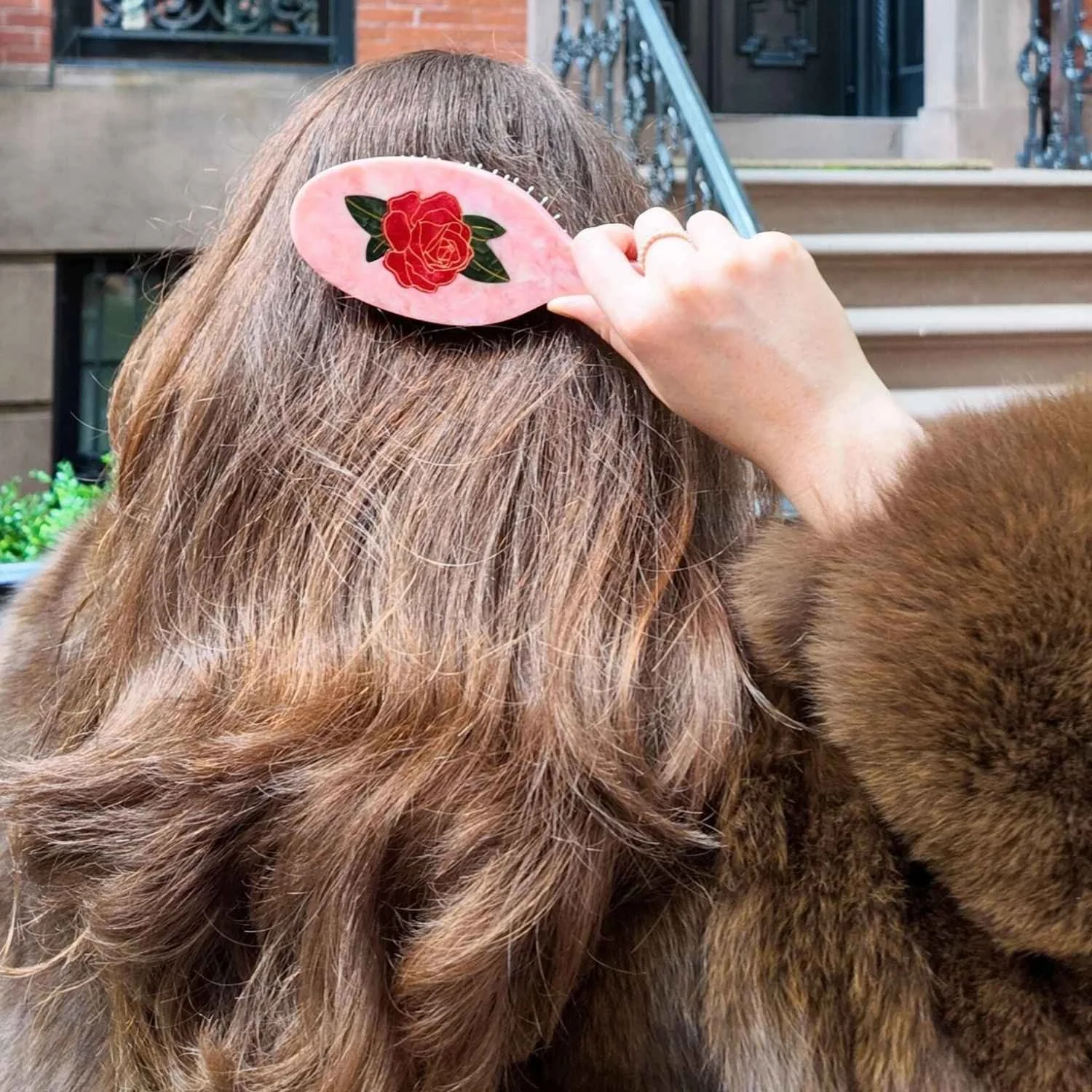 Solar Eclipse Hand Painted Vintage Red Rose Floral Amazing Hair Day Handmade Acetate Hair Brush Pink Marble
