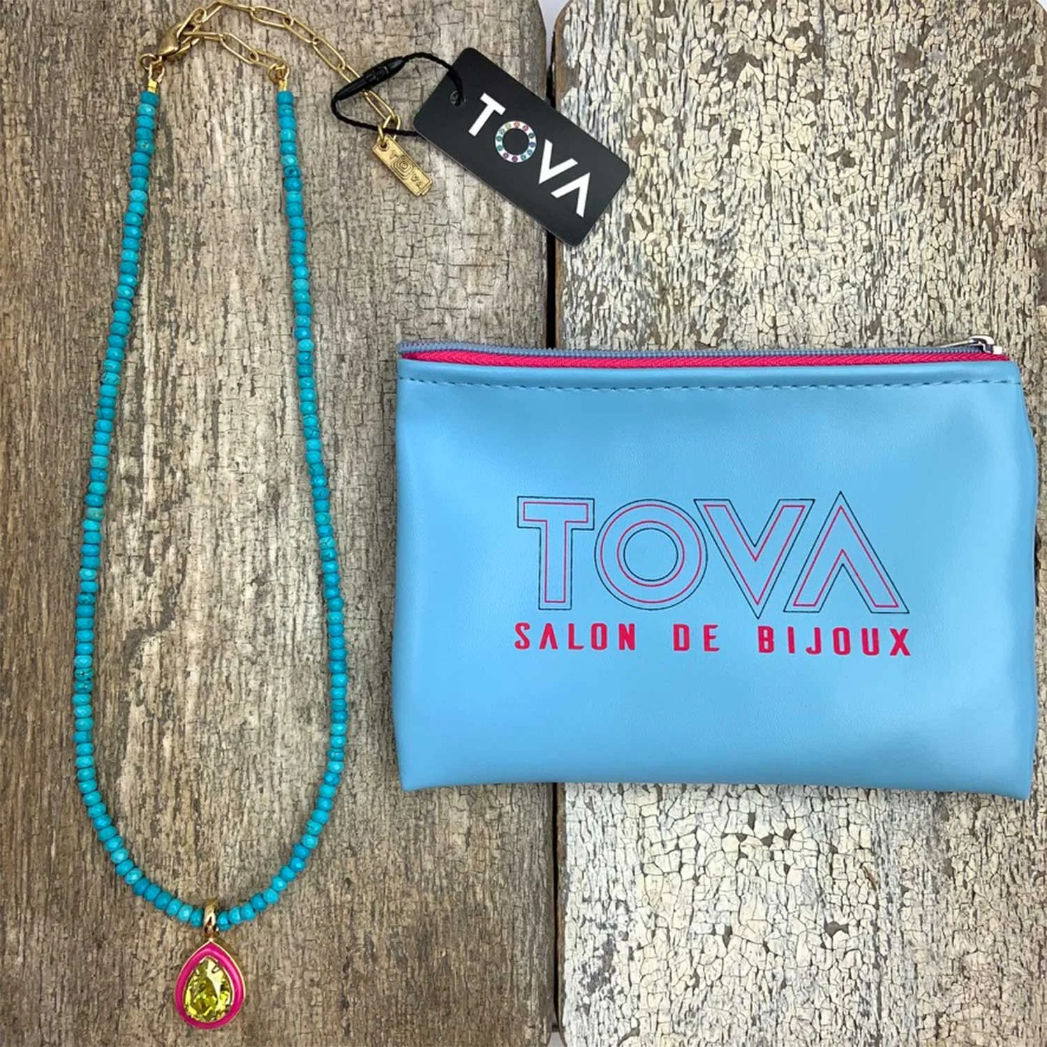Tova Dakota Crystal Rhinestone Enamel Pendant Beaded Jewelry Necklace In Pink With Storage Pouch