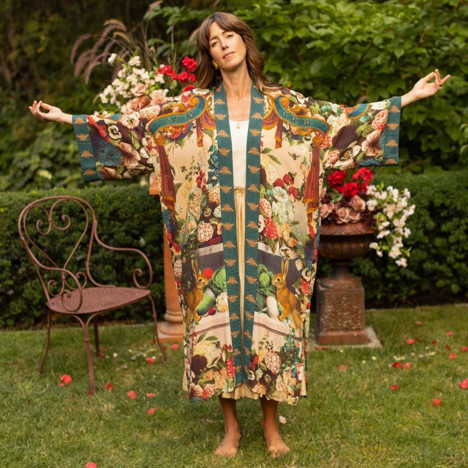 Market Of Stars Stay Gold Floral Rabbit Bee Opera Duster Full Length Kimono Robe Front View