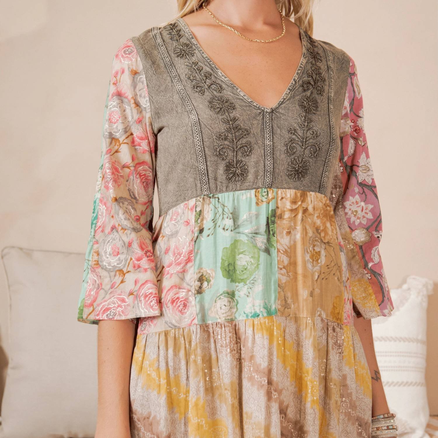 Young Threads Women's Bohemian Embroidered Aari Embroidery Bodice Multicolor Patchwork Floral A-Line Midi Dress With 3/4 Sleeves