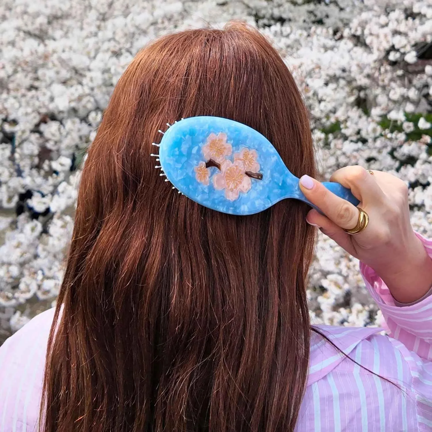 Solar Eclipse Hand Painted Pink Cherry Blossom Floral Amazing Hair Day Detangling Hair Brush Blue