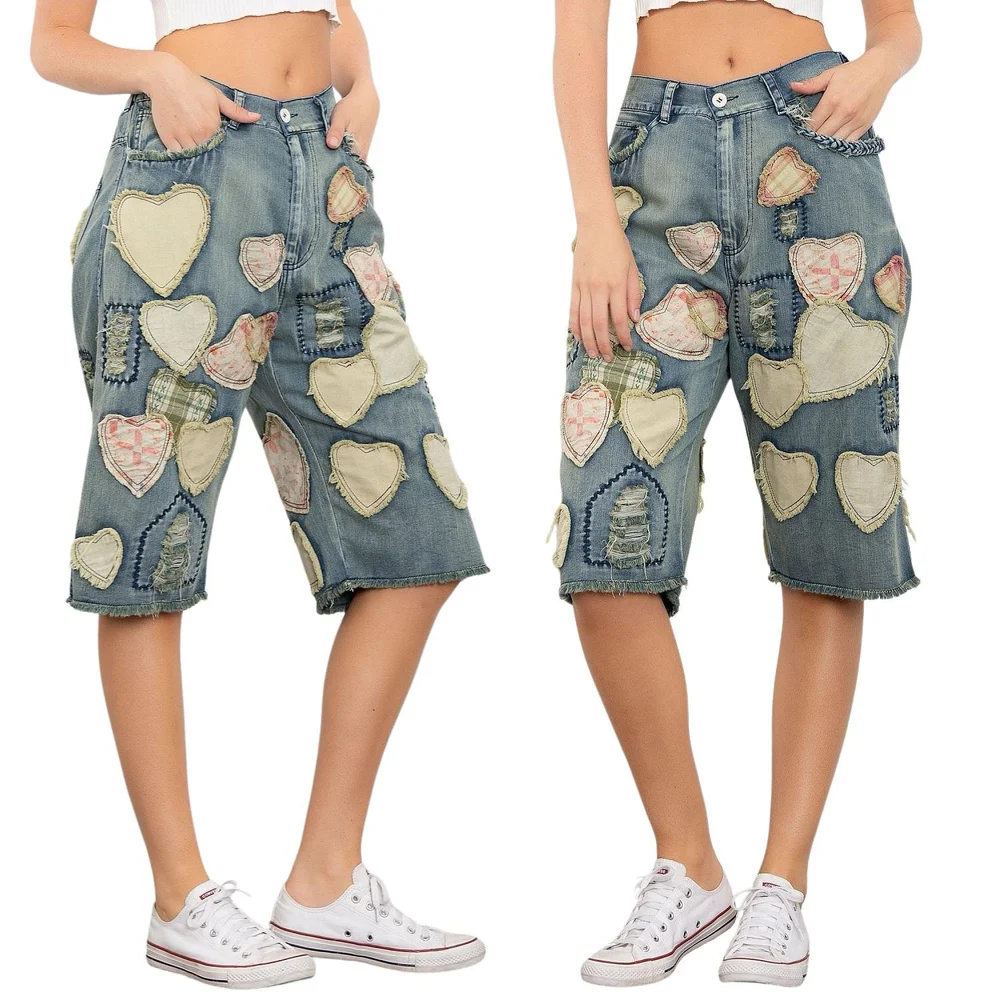 Short Bermuda Femme Bleu – Taille S, Style Boyfriend, Patchworks Colorblock, Bon état