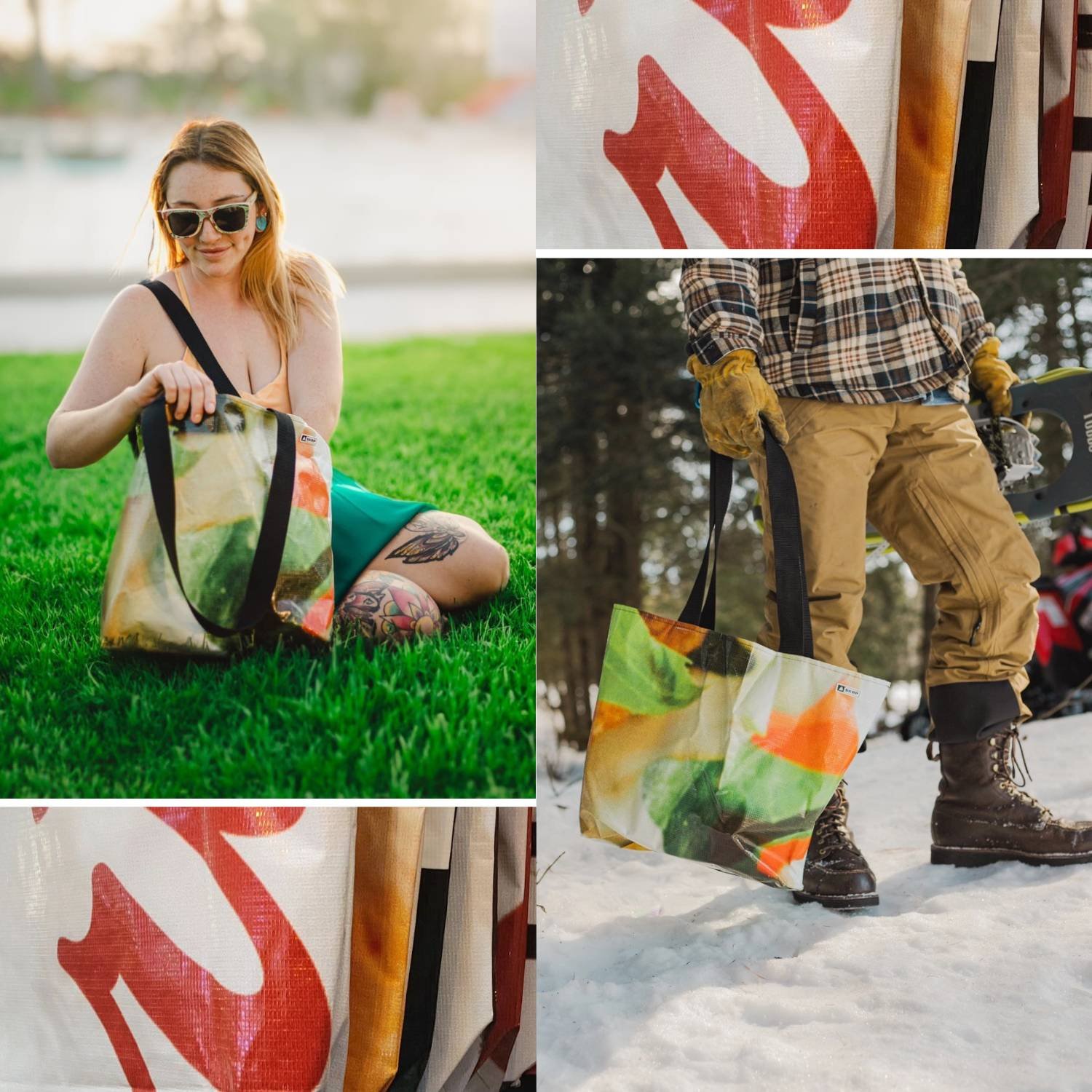 SKRP Eco Chic Sustainable Upcycled Recycled Billboard Tote Bags Abstract Art Graphic Street Fashion Travel Carryall Tote Bags Made With Billboards