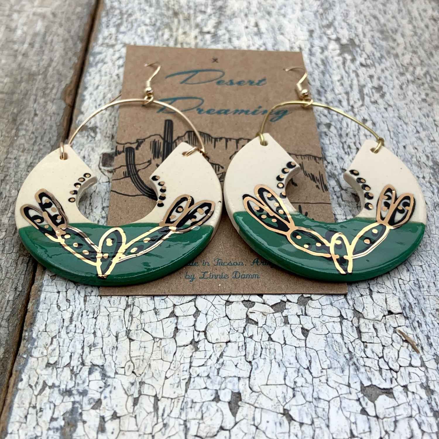 Tough Kitty Designs Handmade Green Gold Southwest Desert Dreaming Ceramic Prickly Pear Cactus Cacti Plant Pottery Jewelry Earrings