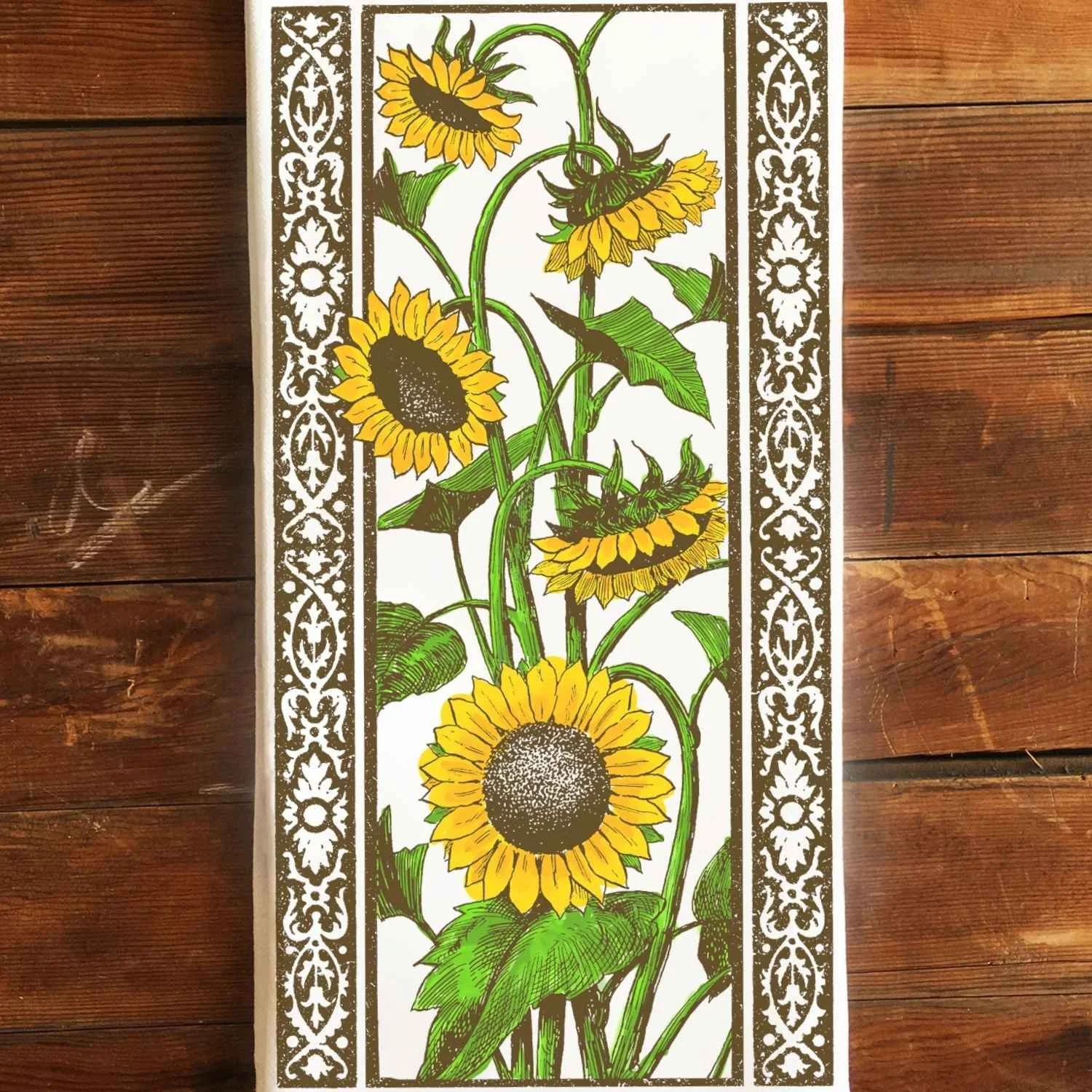 Sunflower Cotton Floral Block Print Flour Sack Kitchen Tea Towel Boho French Country Farmhouse Home Decor
