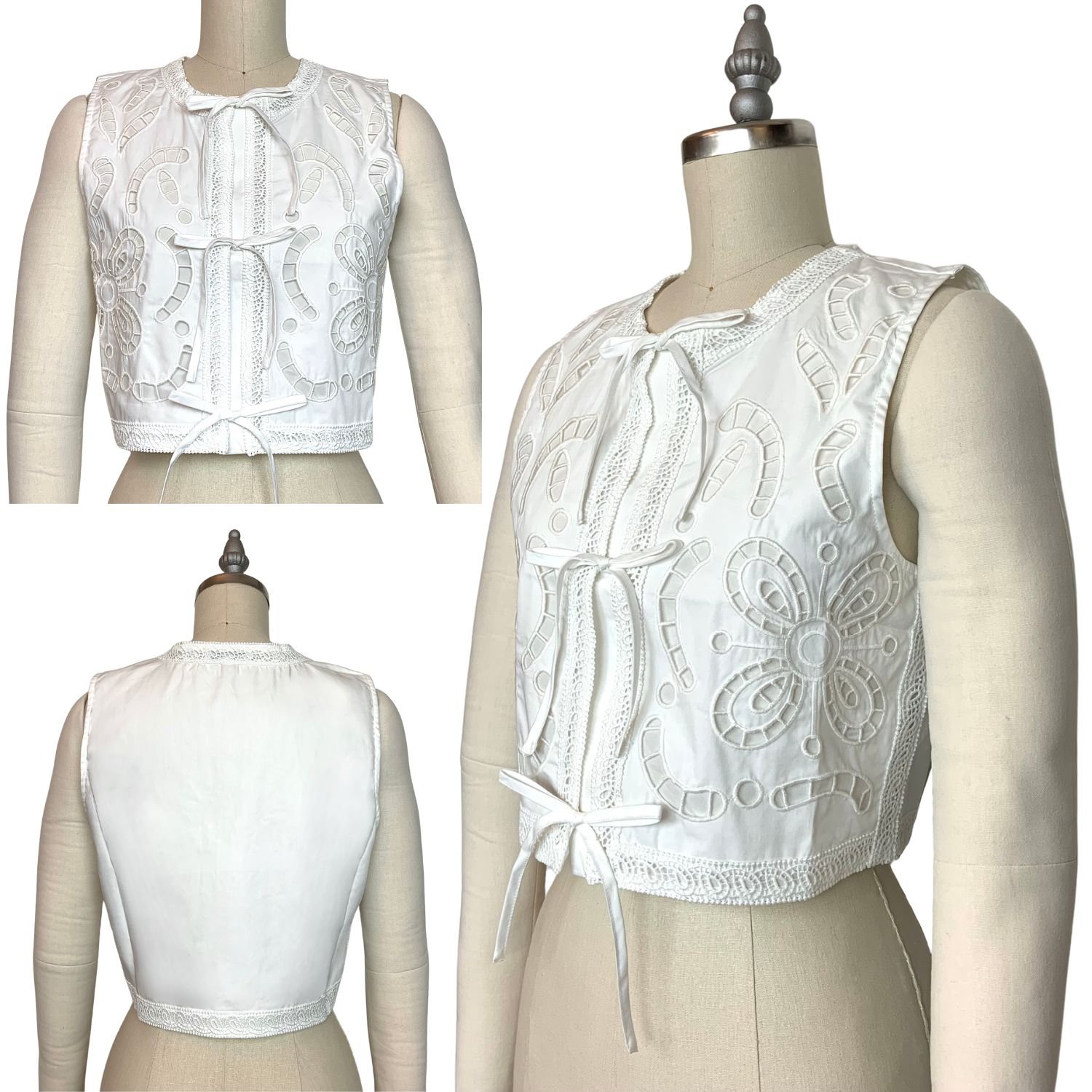 Moon River Eyelet Embroidered Tie-Front Bow Vest Top In White Side And Back Views