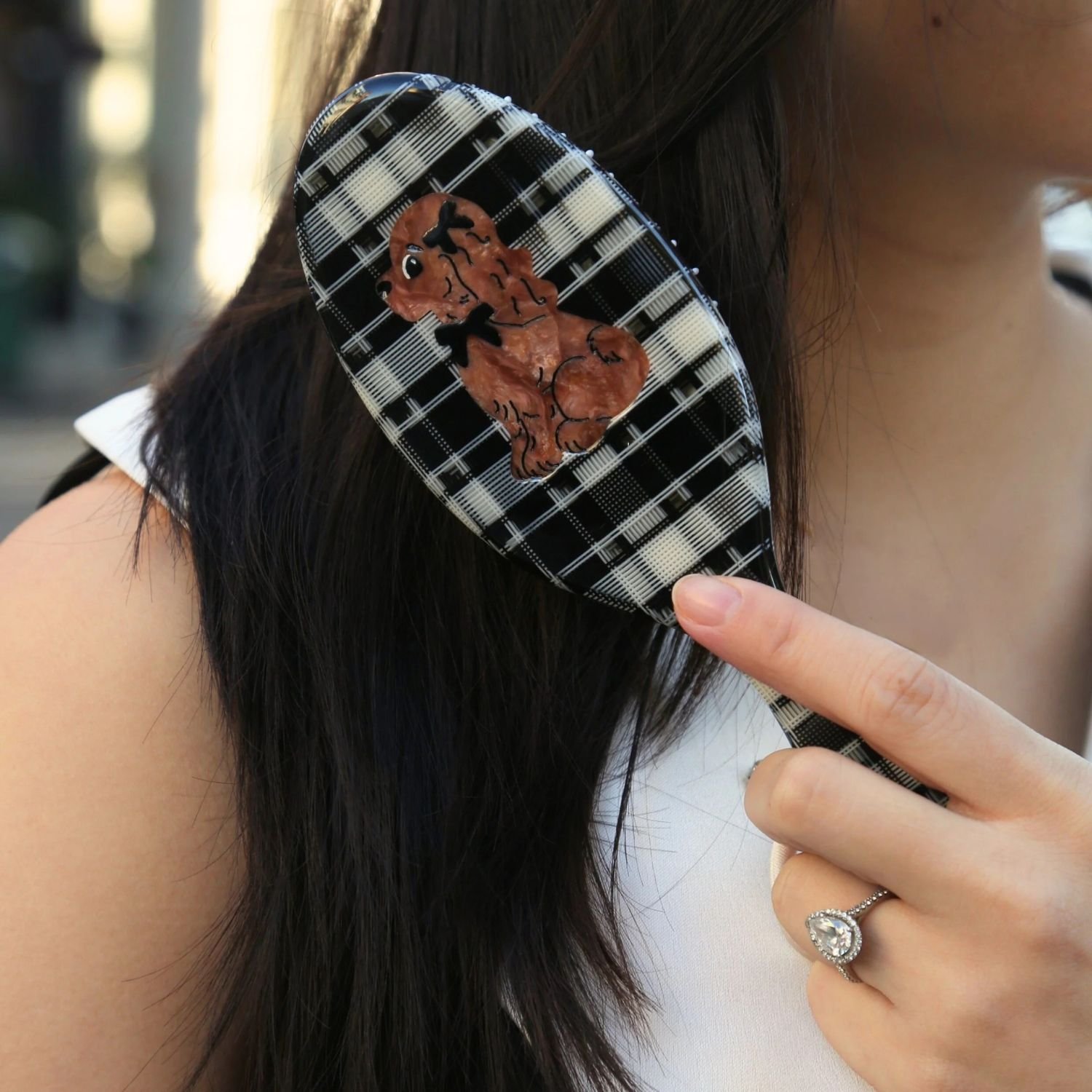 Solar Eclipse Hand Painted Coquette Bow Spaniel Puppy Dog Amazing Hair Day Detangling Hair Brush Black And White Plaid