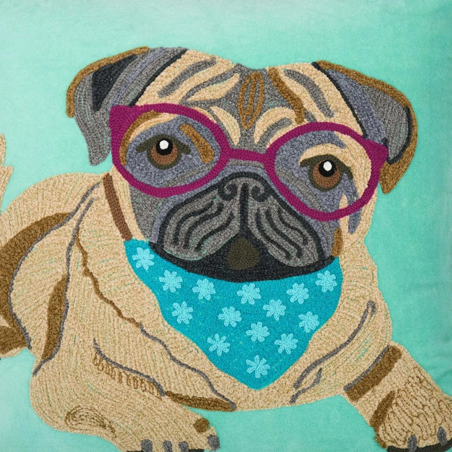 Karma Living Handcrafted Embroidered Studious Pug Dog Wearing Glasses Home Decor Throw Pillow Cushion