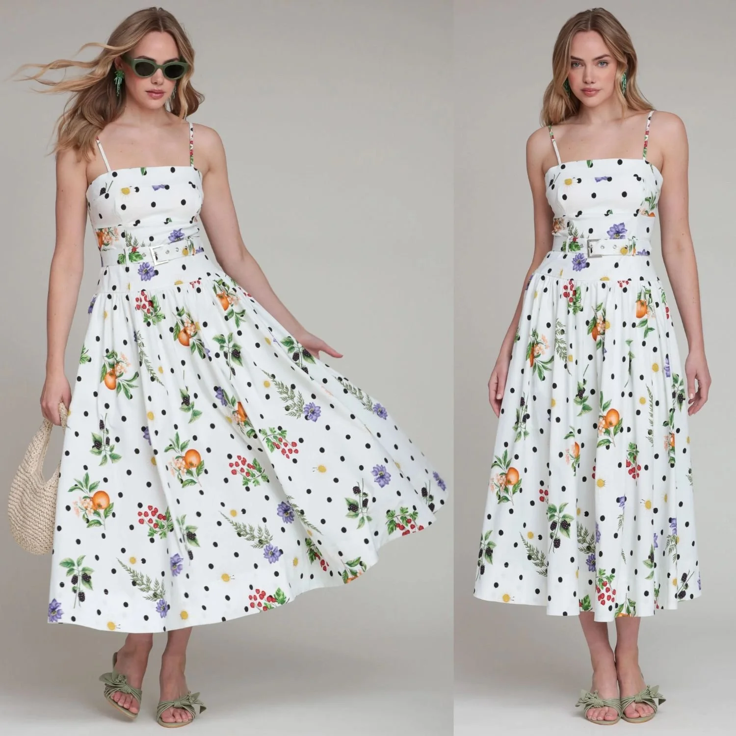 Avec Les Filles Floral Polka Dot Print Stretch Cotton Belted Midi Dress