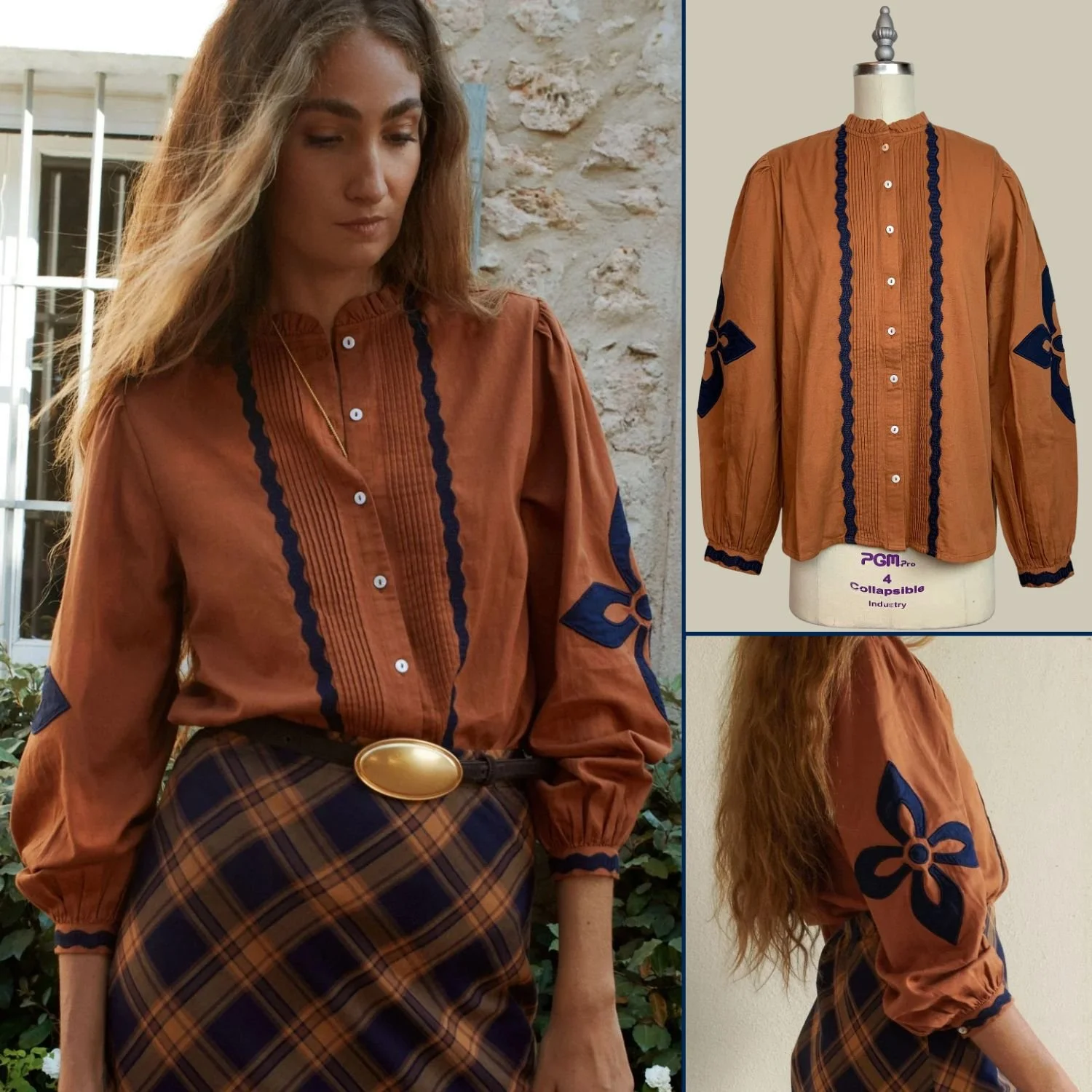 Sonmer Leonor Embroidered Floral Appliqué Embroidery Blouson Sleeve Button Up Cotton Blouse Top Golden Brown Caramel