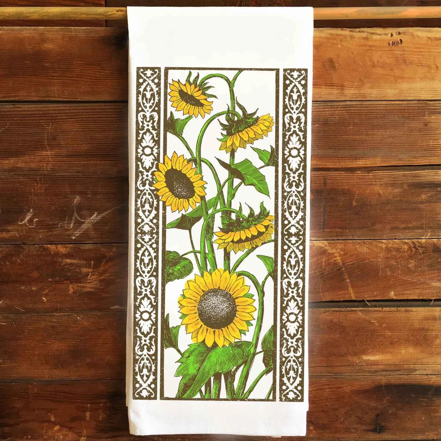 Sunflower Cotton Floral Block Print Flour Sack Kitchen Tea Towel