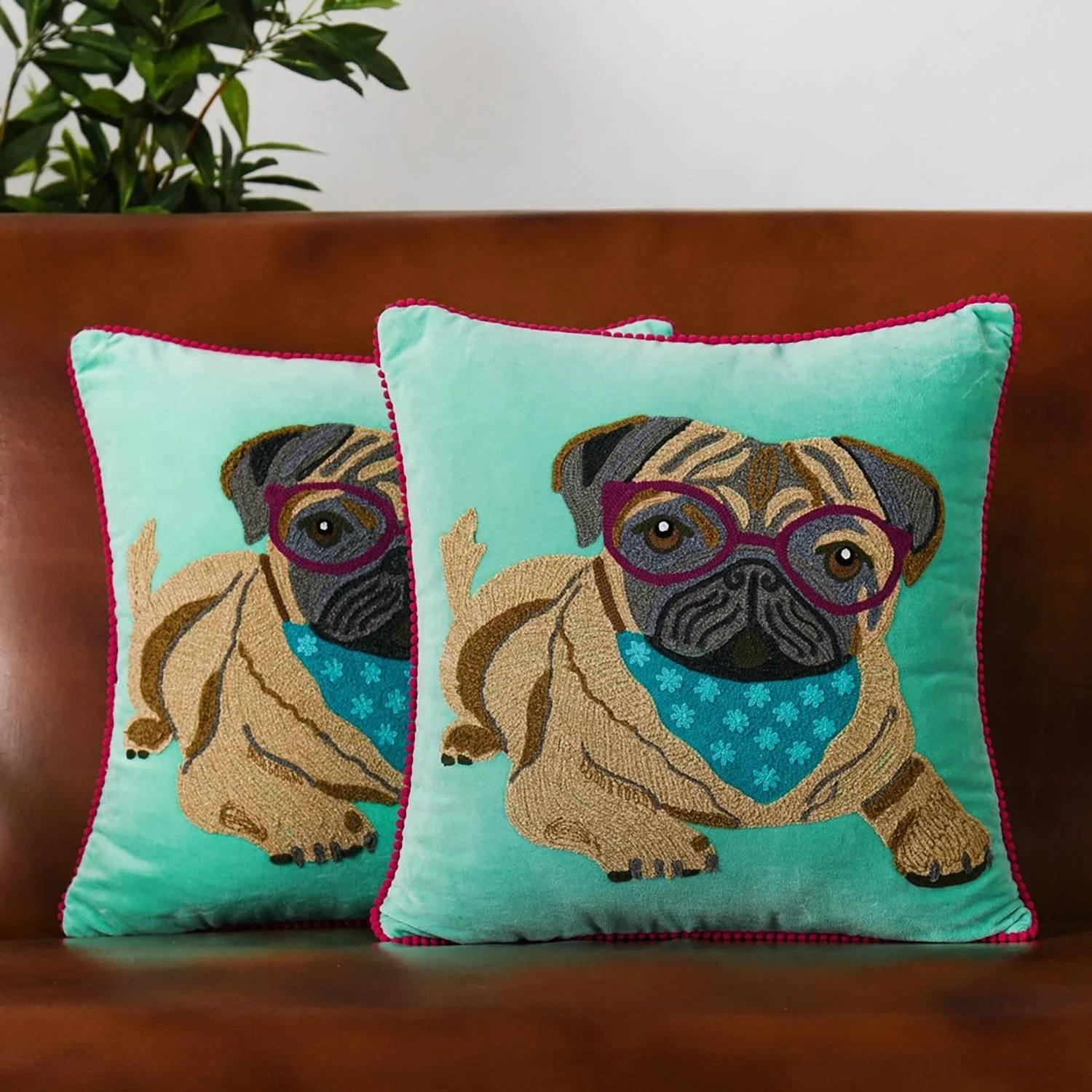 Karma Living Embroidered Pug Dog Wearing Glasses Home Decor Throw Pillow Shown As Set Of Two On Sofa