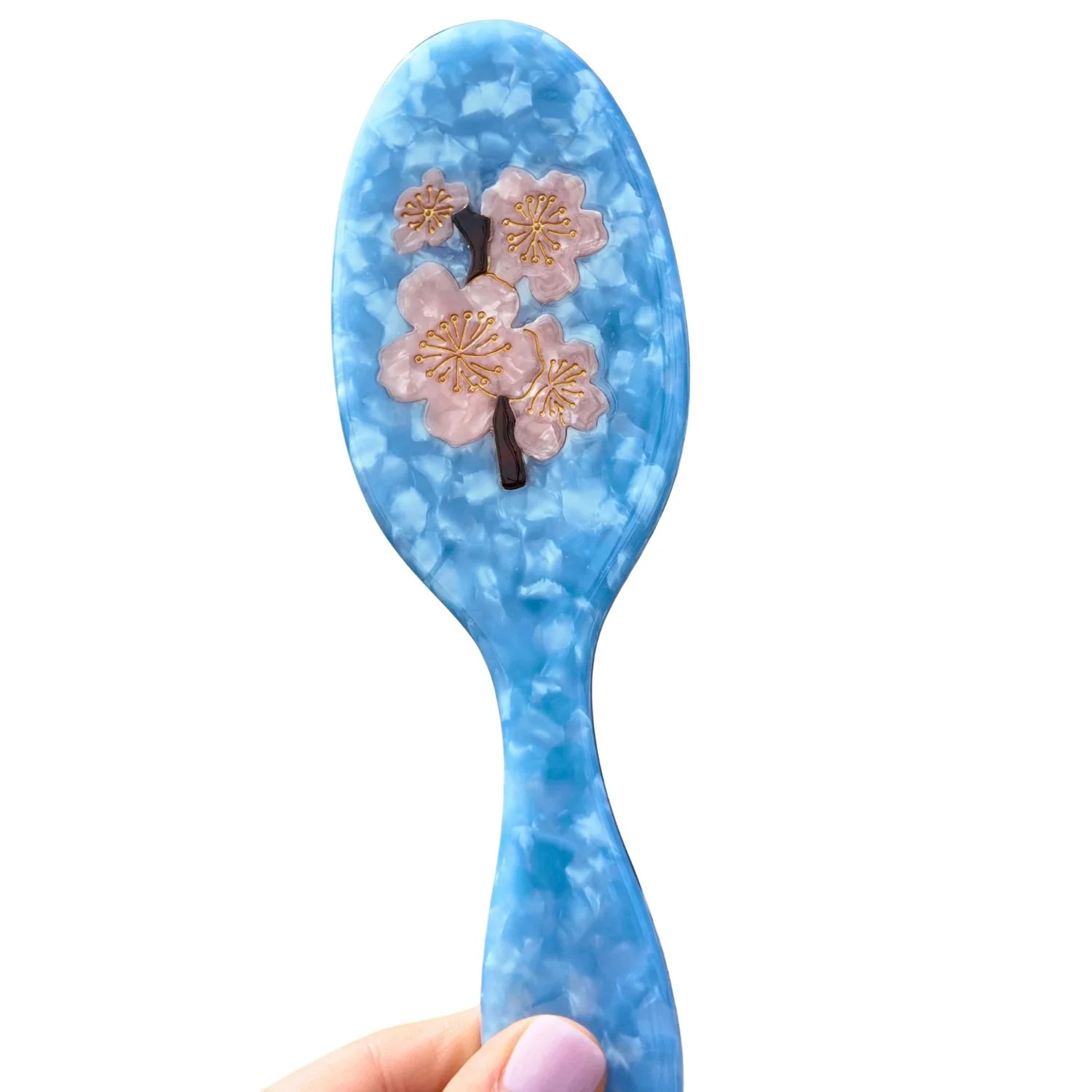 Solar Eclipse Hand Painted Pink Cherry Blossom Floral Amazing Hair Day Pearlescent Hair Brush Blue
