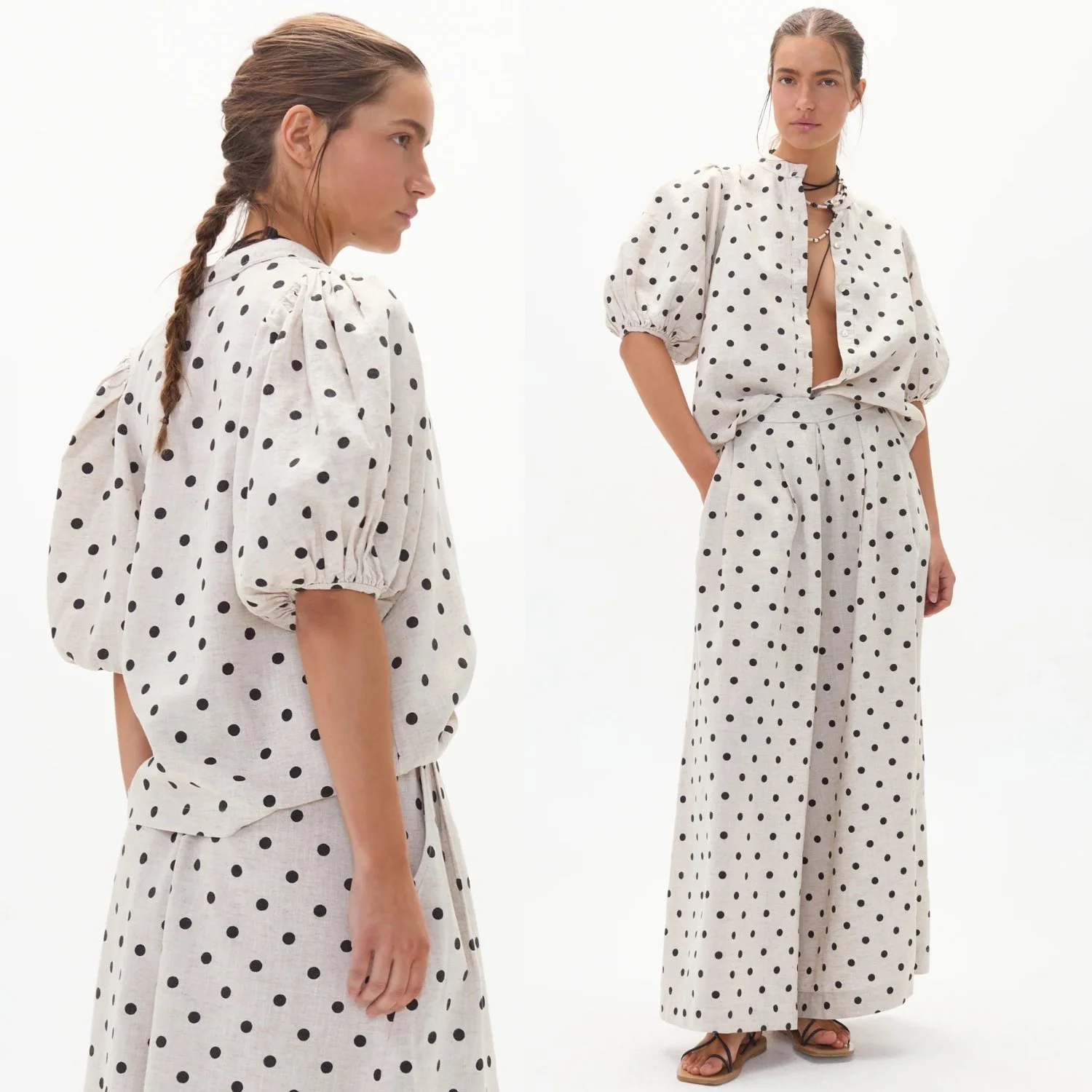 Lanhtropy Organic Bubble Linen Shirt Top In Natural Linen With Black Polka Dots