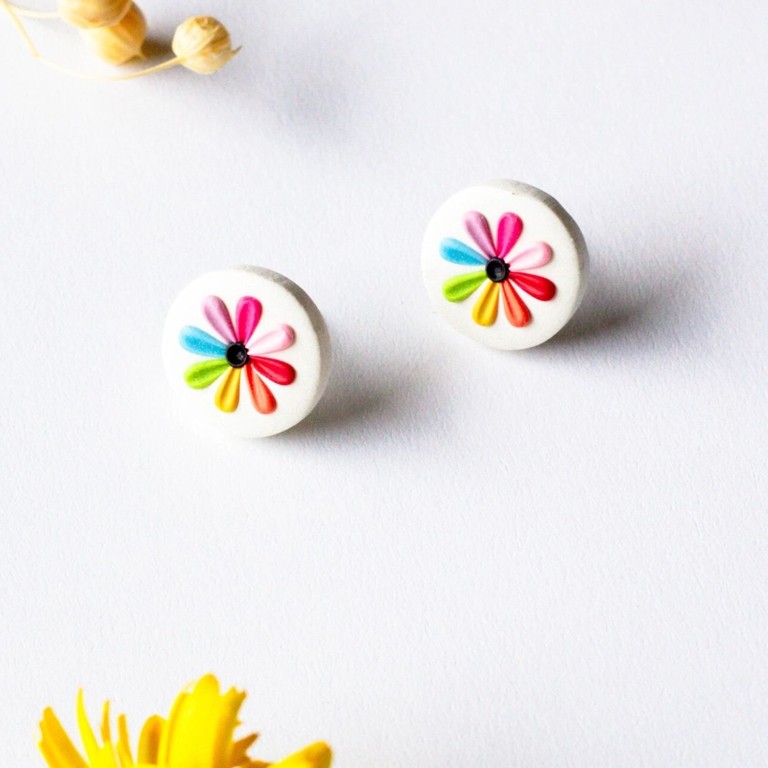Slow Day Studios Handmade Round Polymer Clay Colorful Retro Rainbow Daisy Flower Jewelry Stud Earrings Studs In White