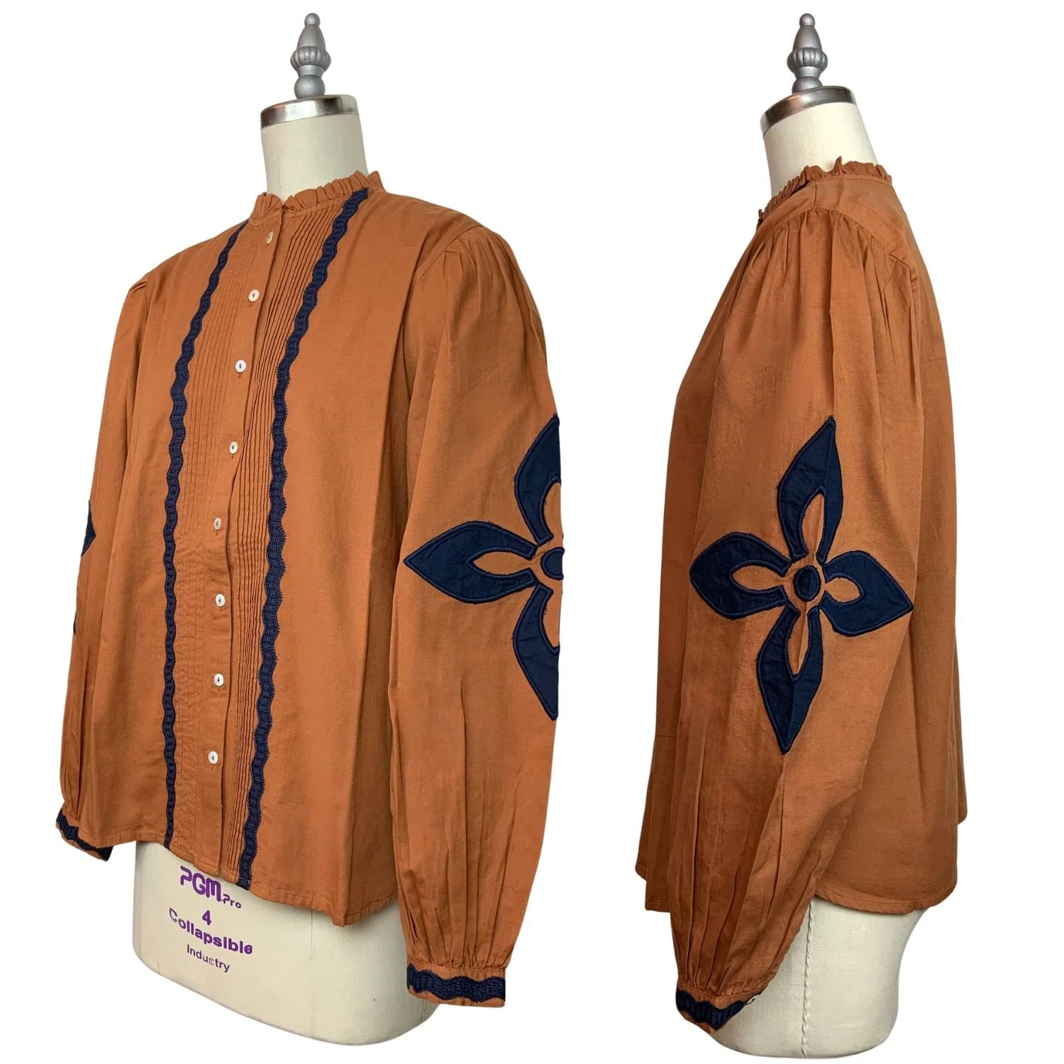 Sonmer Leonor Floral Appliqué Embroidery Blouse Top In Caramel With Blouson Sleeves Adorned With Navy Floral Appliqués