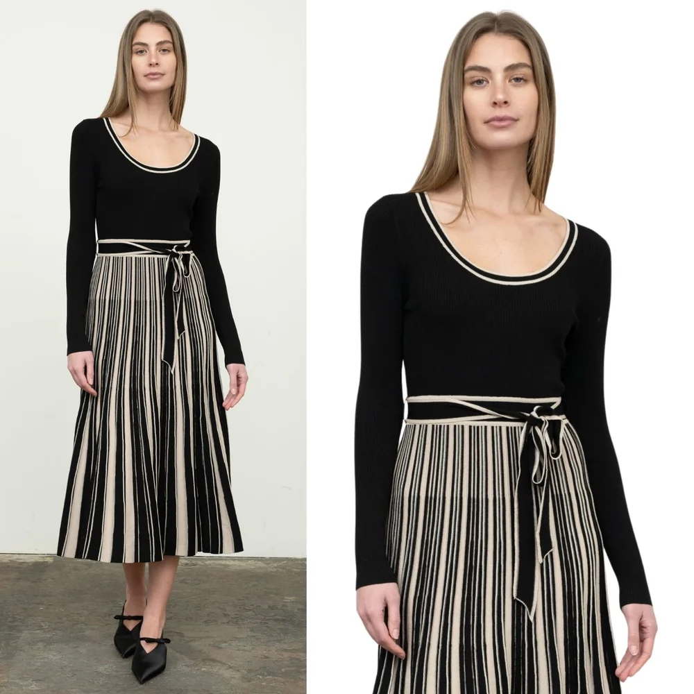 Moon River Striped Long Sleeve Tie Waist Midi Sweater Dress  Fashion Funster