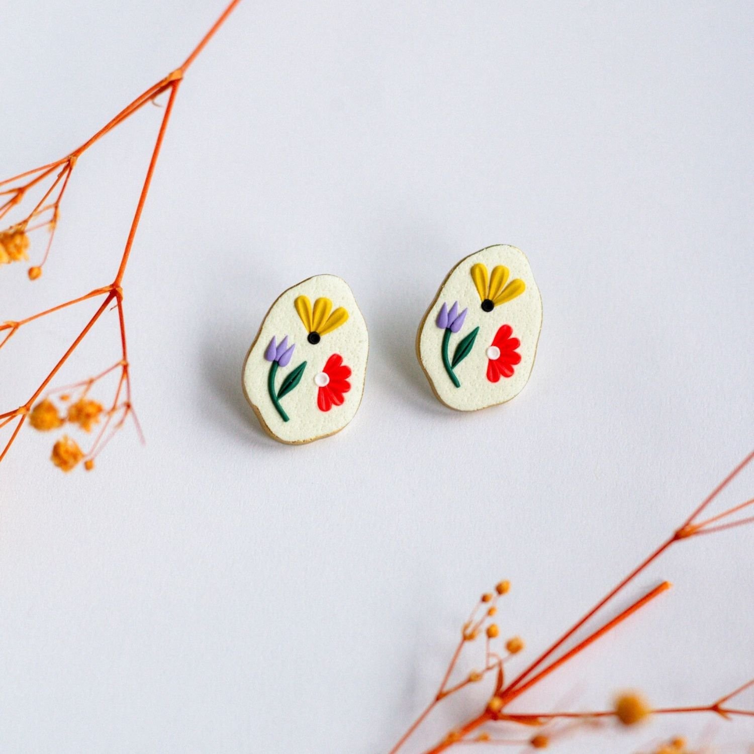 Slow Day Studios Handmade Organic Oval Polymer Clay Gold Edged Floral Jewelry Flower Stud Earrings Studs