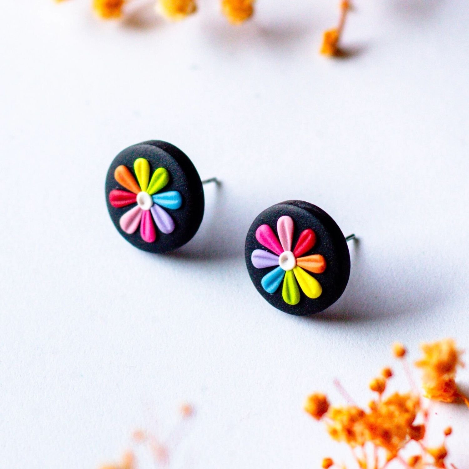 Slow Day Studios Handmade Round Polymer Clay Colorful Retro Rainbow Daisy Flower Jewelry Stud Earrings Studs In Black