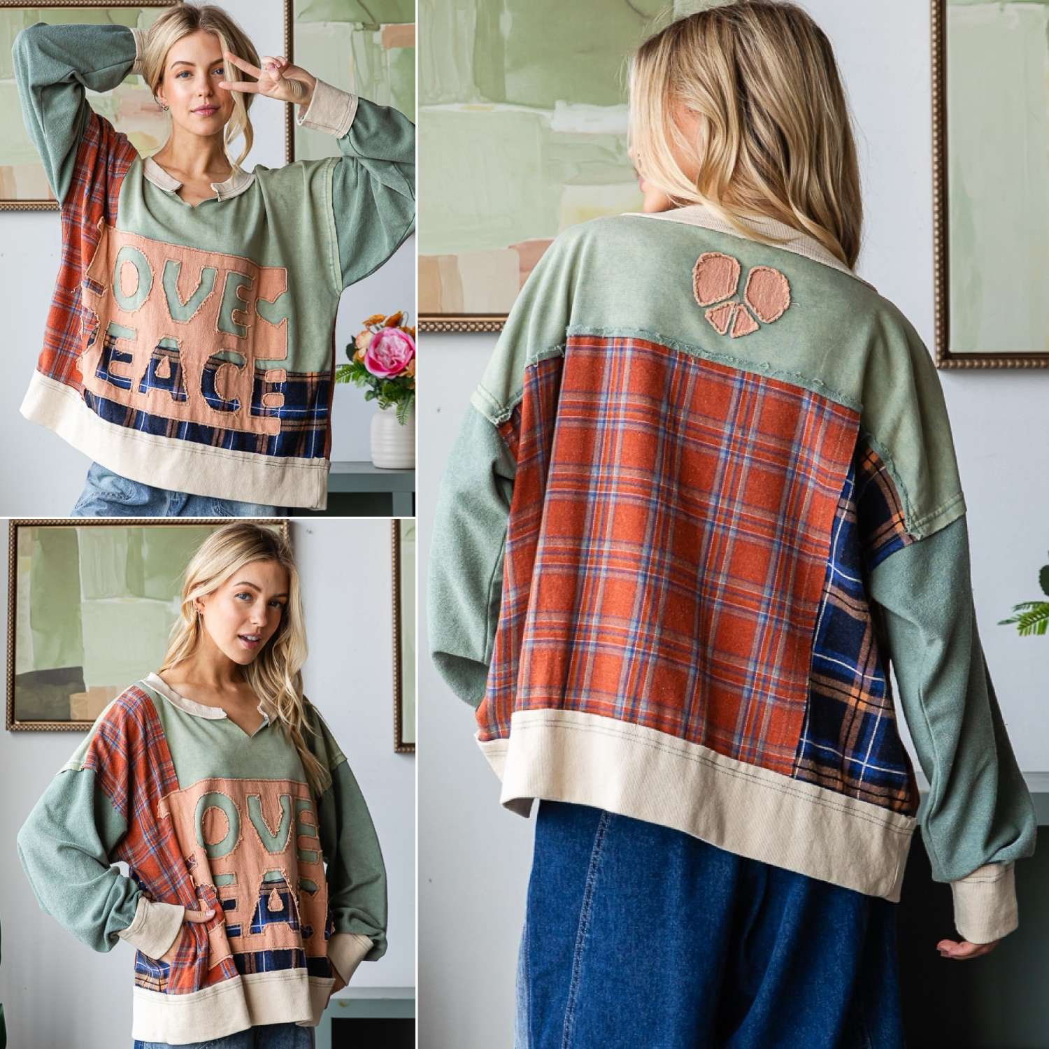 Oli And Hali Oversized Mineral Washed Mixed Print Plaid Fabric Patchwork Love And Peace Patched Blue Sage Heart Peace Sign Pullover Top