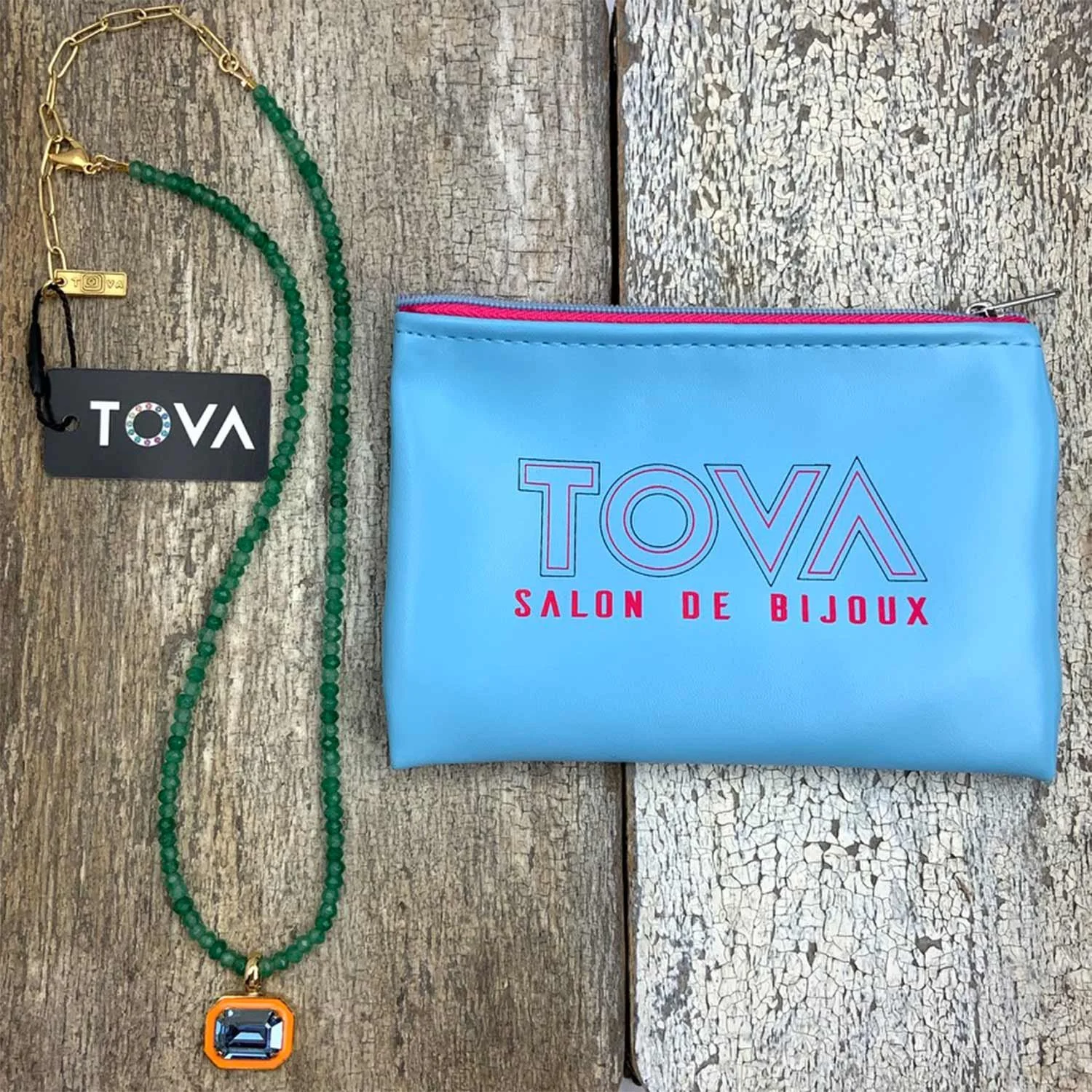 Tova Dakota Crystal Rhinestone Enamel Pendant Beaded Jewelry Necklace In Orange With Storage Pouch