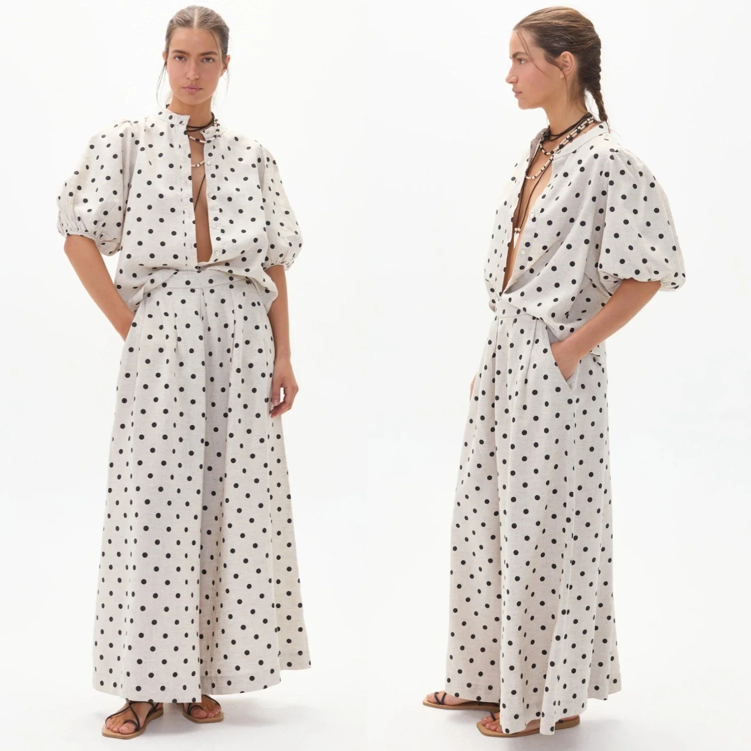 Lanhtropy Sabi Linen Pants In Natural Linen With Black Polka Dots