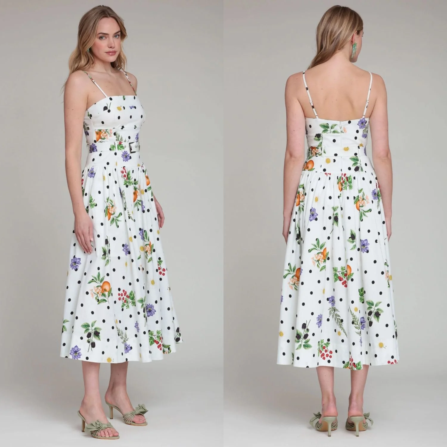 Avec Les Filles Floral Polka Dot Print Stretch Cotton Belted Midi Dress Side And Back