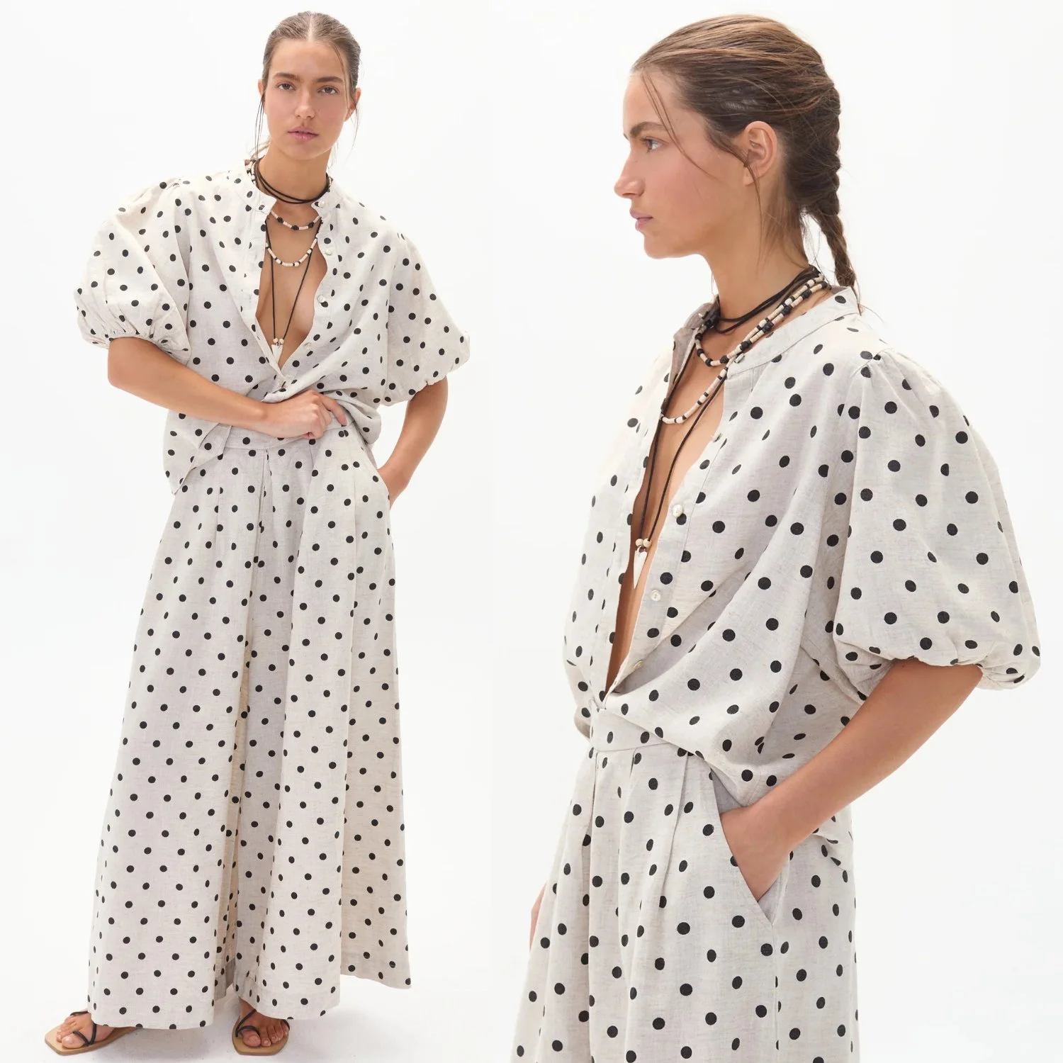 Lanhtropy Bubble Linen Shirt Top In Organic Natural Linen With Black Polka Dots
