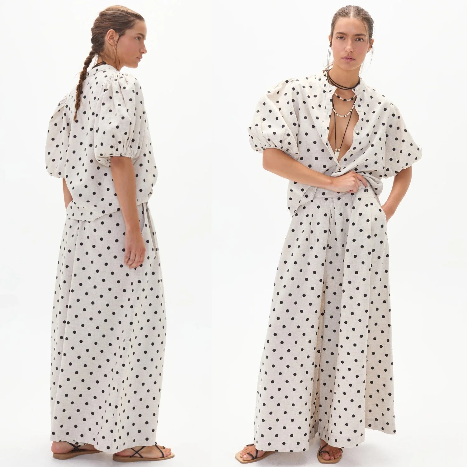 Lanhtropy Sabi Wide Leg Linen Pants In Natural Linen With Black Polka Dots
