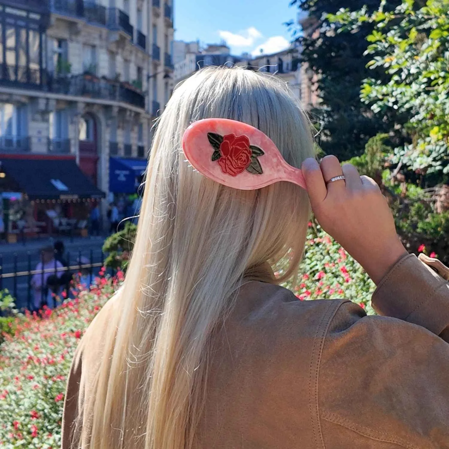 Solar Eclipse Hand Painted Vintage Red Rose Floral Amazing Hair Day Eco Friendly Acetate Hair Brush Pink Marble